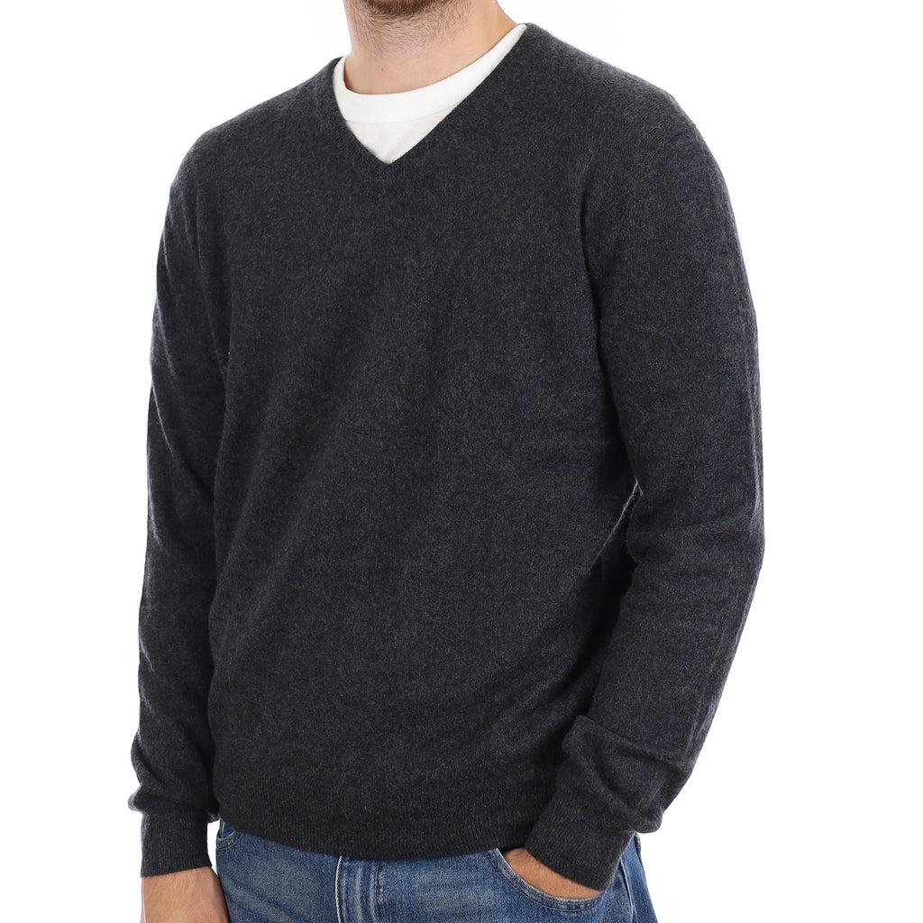Men's Charcoal Grey Cashmere V Neck Jumper Large