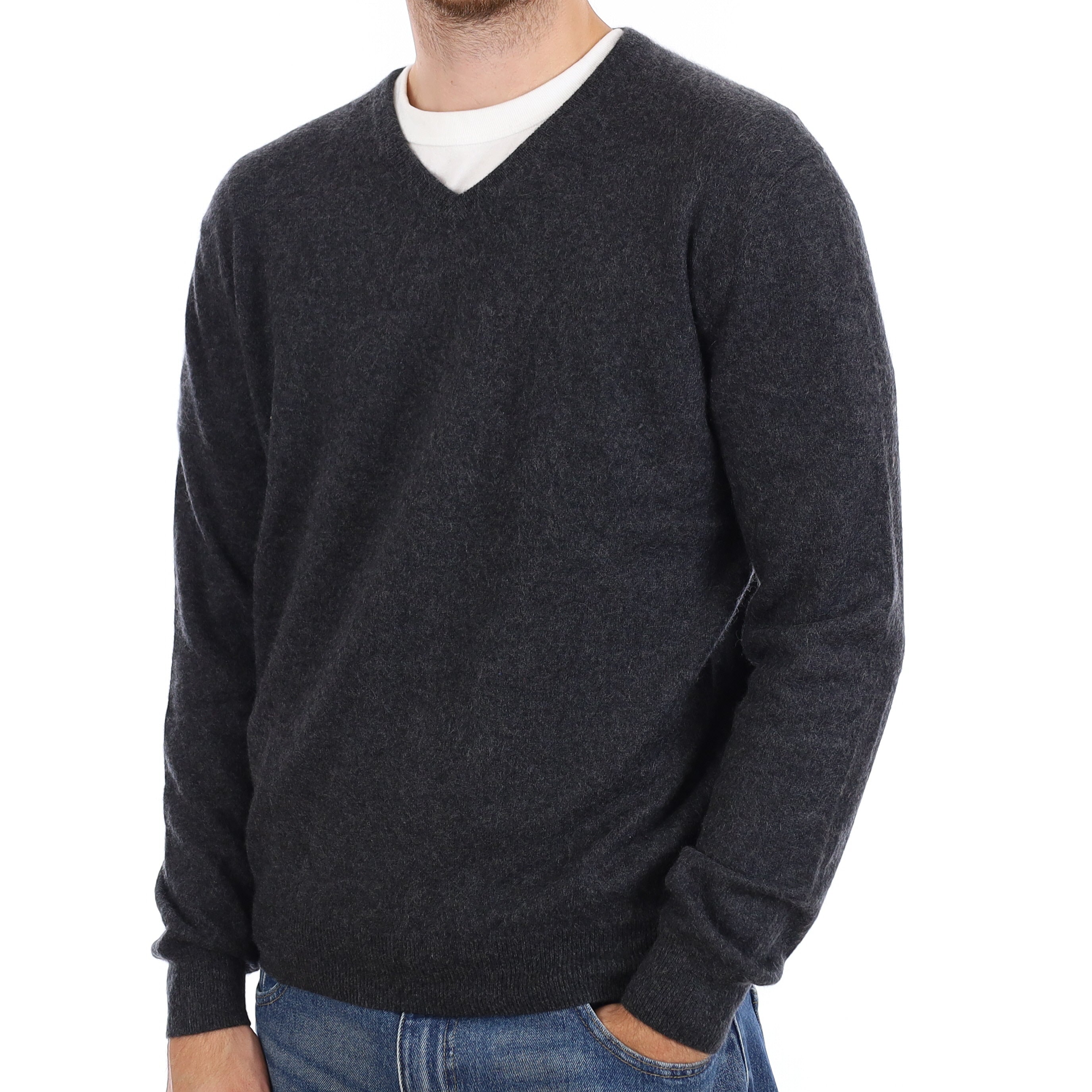 Men's Charcoal Grey Cashmere V Neck Jumper Large