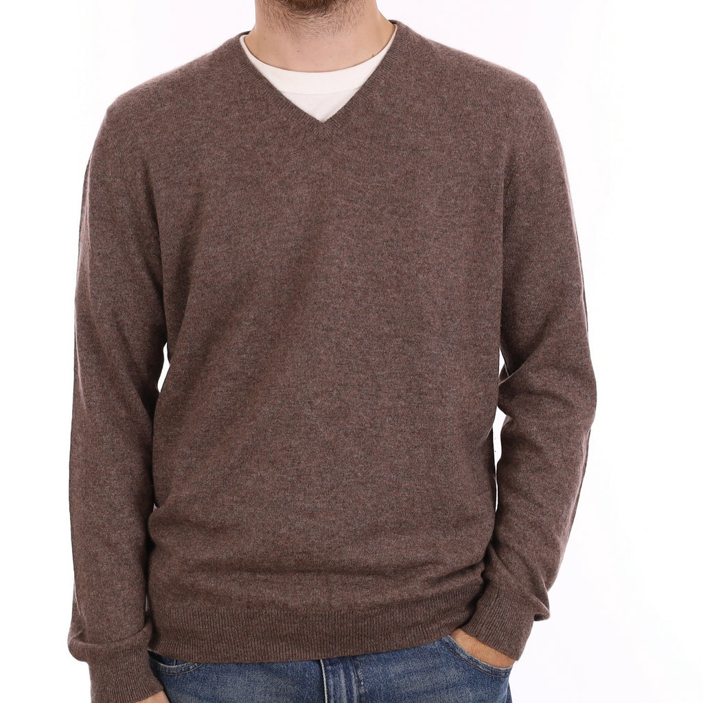 Men's Pecan Brown Marl Cashmere V Neck Jumper Large