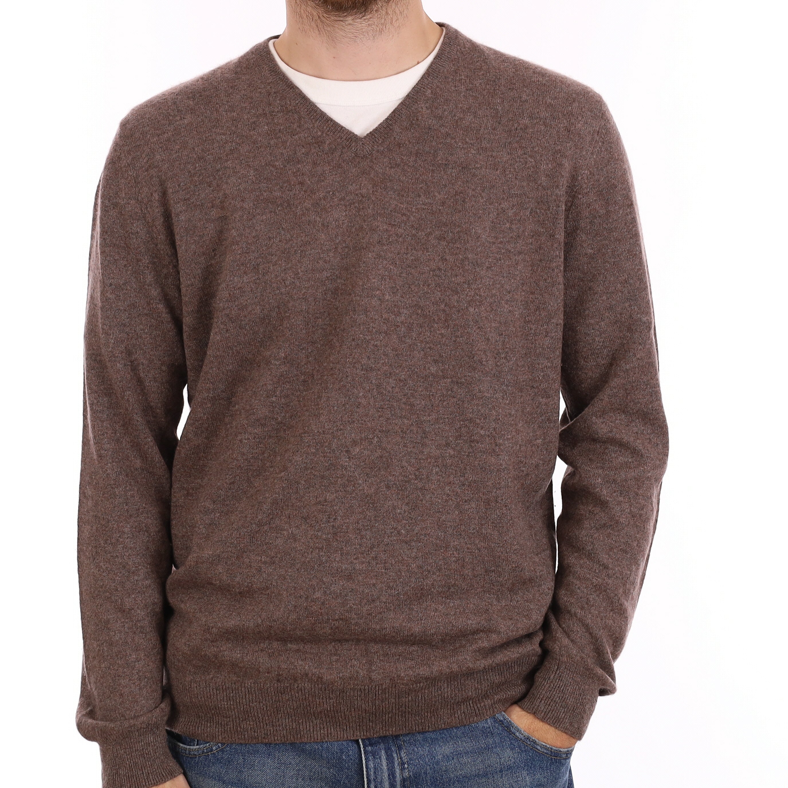 Men's Pecan Brown Marl Cashmere V Neck Jumper Large