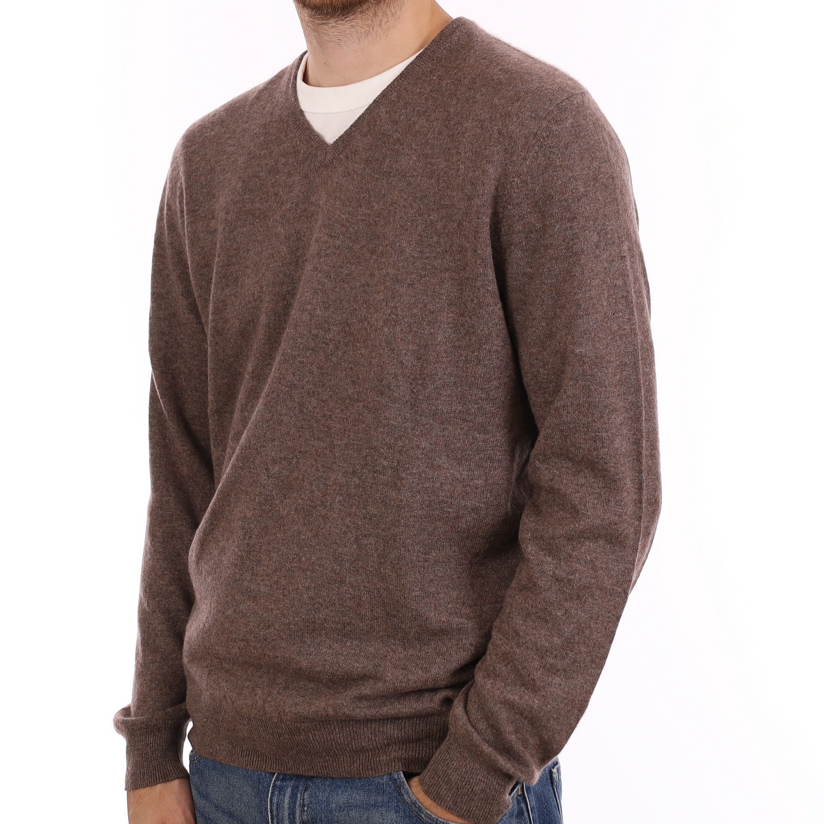 Men's Pecan Brown Marl Cashmere V Neck Jumper Large