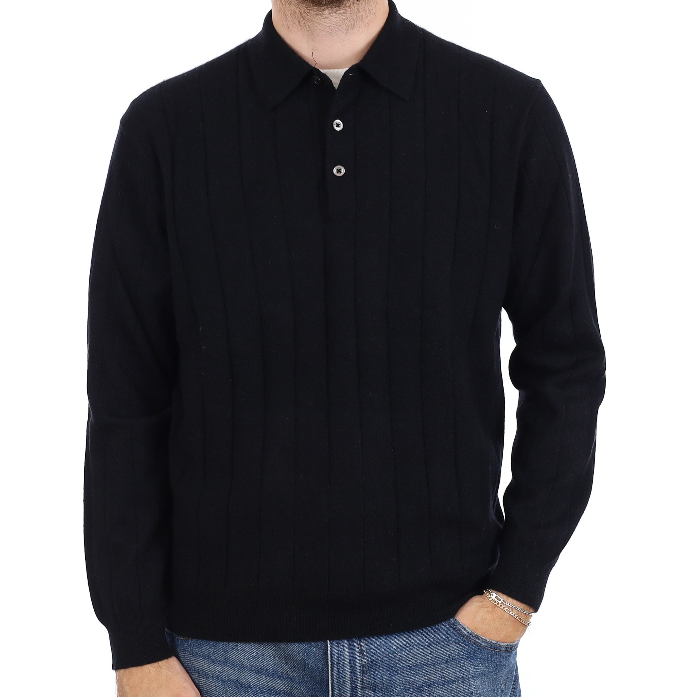Men's Black Rib Cashmere Collared Quarter Button Jumper Large