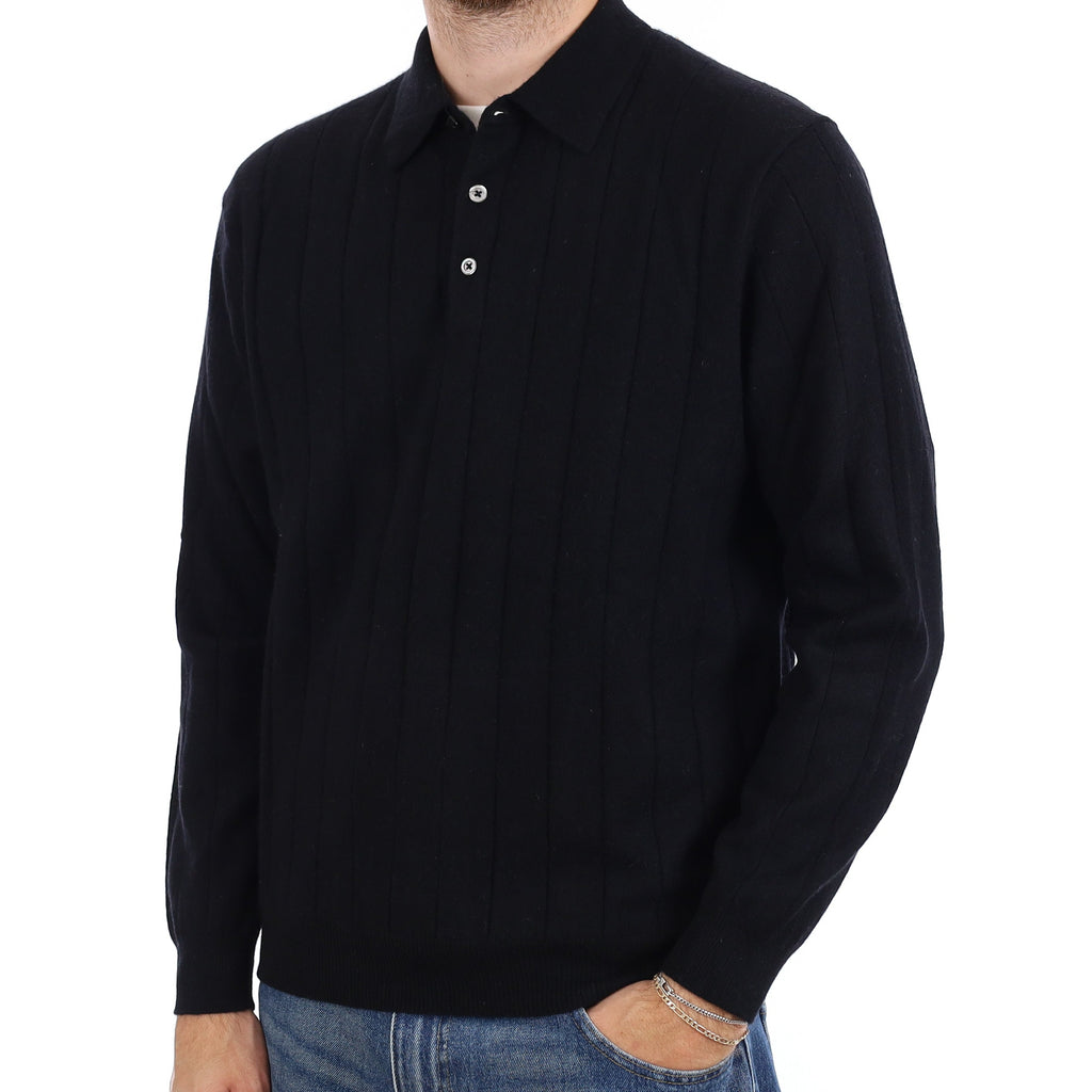 Men's Black Rib Cashmere Collared Quarter Button Jumper Large