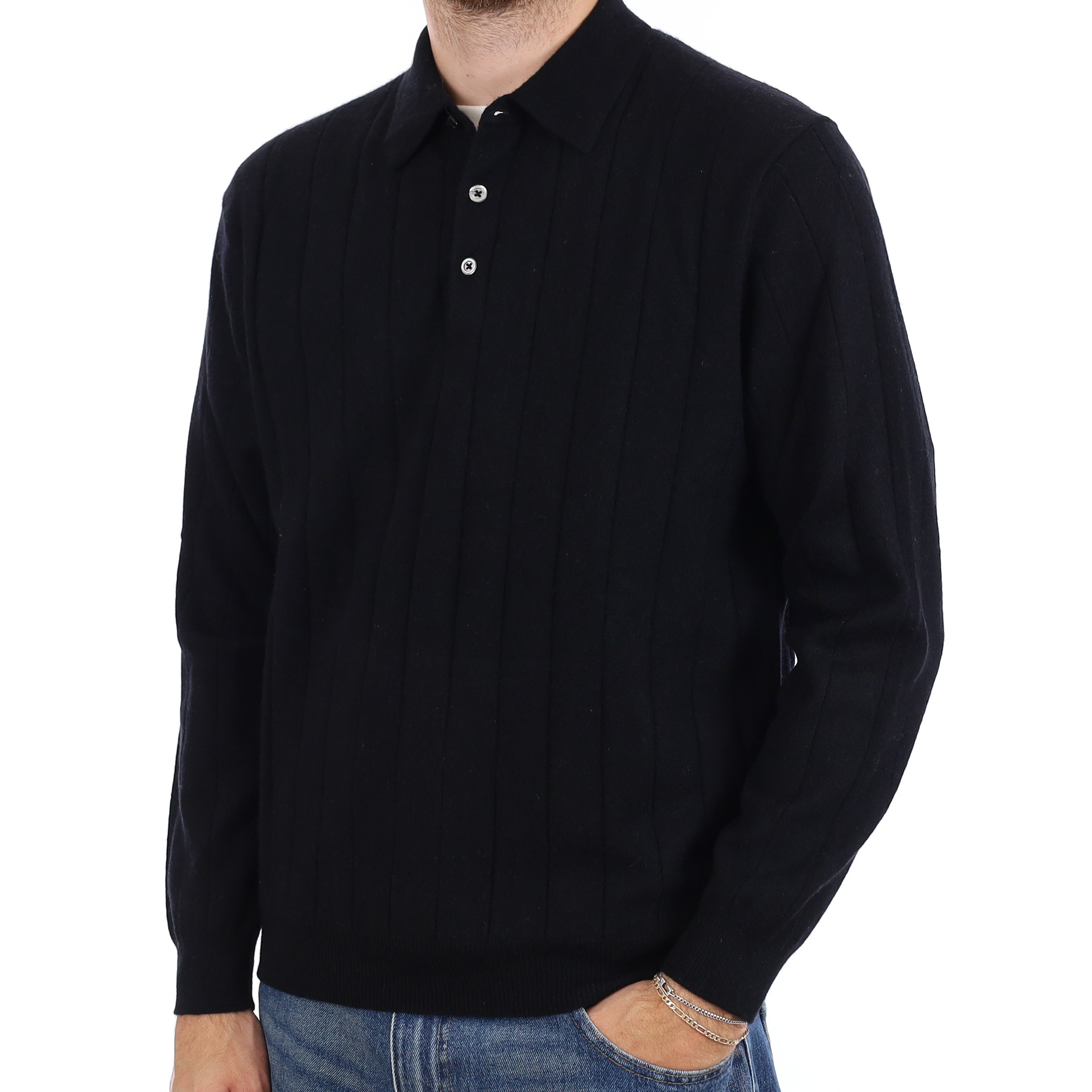 Men's Black Rib Cashmere Collared Quarter Button Jumper Large