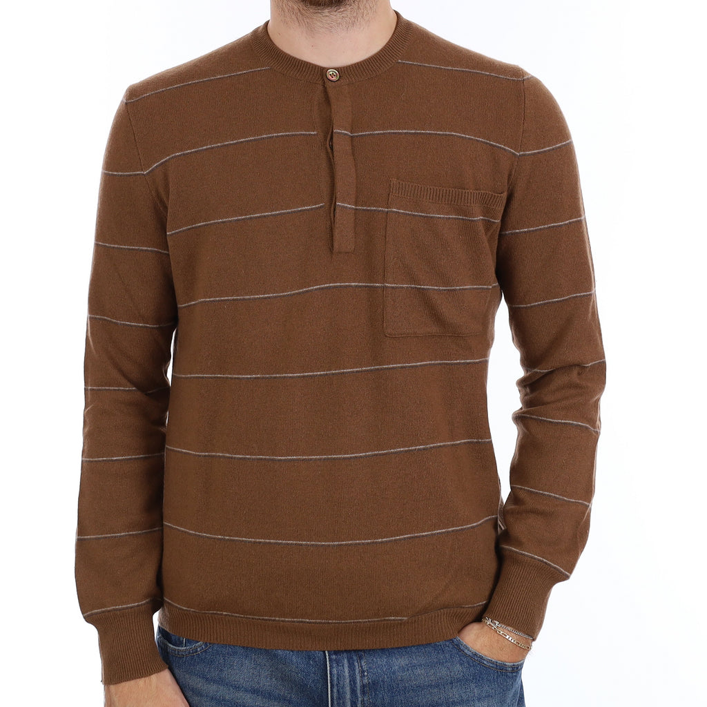 Men's Vintage Brown Stripe Cashmere Buttoned Crew Neck Jumper Large