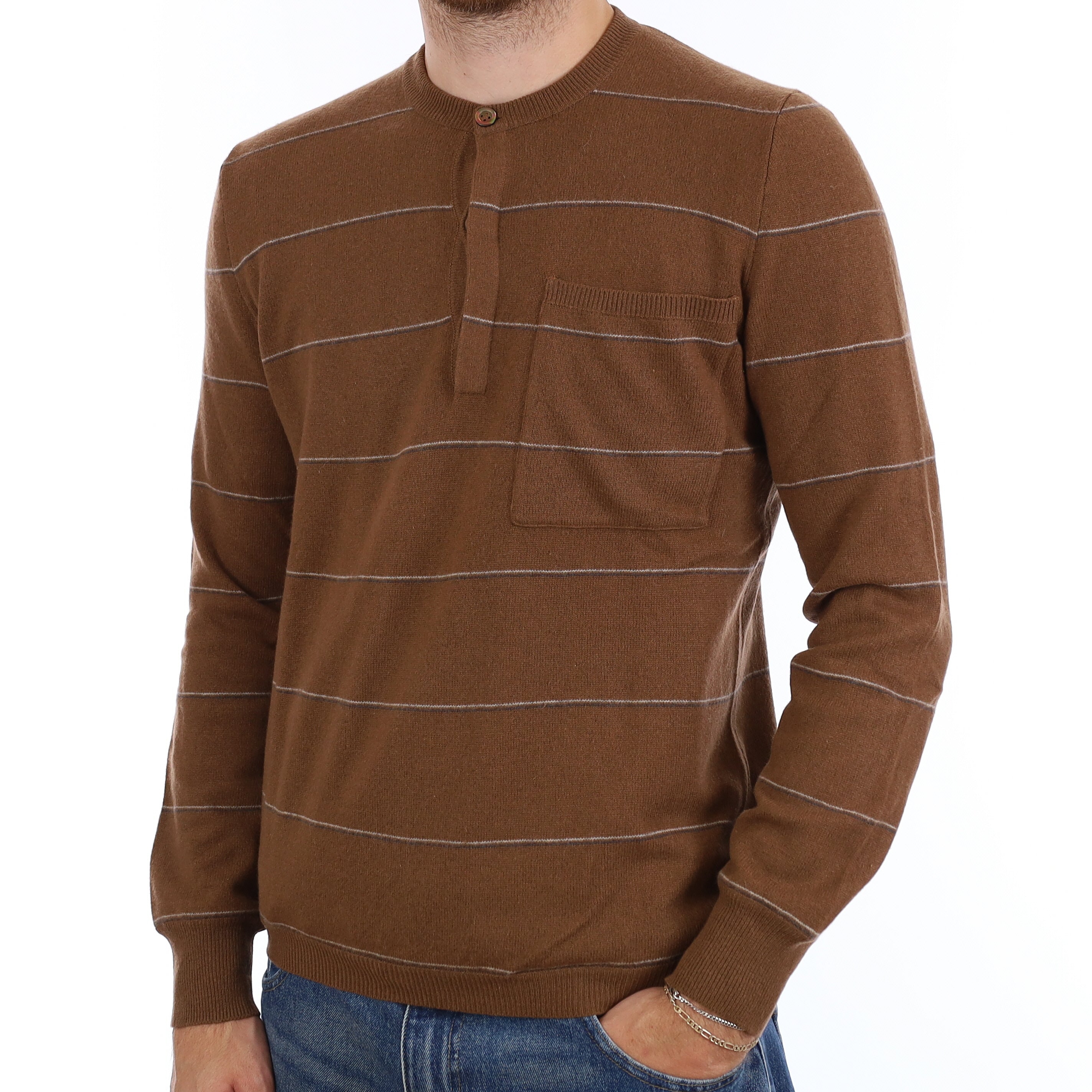 Men's Vintage Brown Stripe Cashmere Buttoned Crew Neck Jumper Large