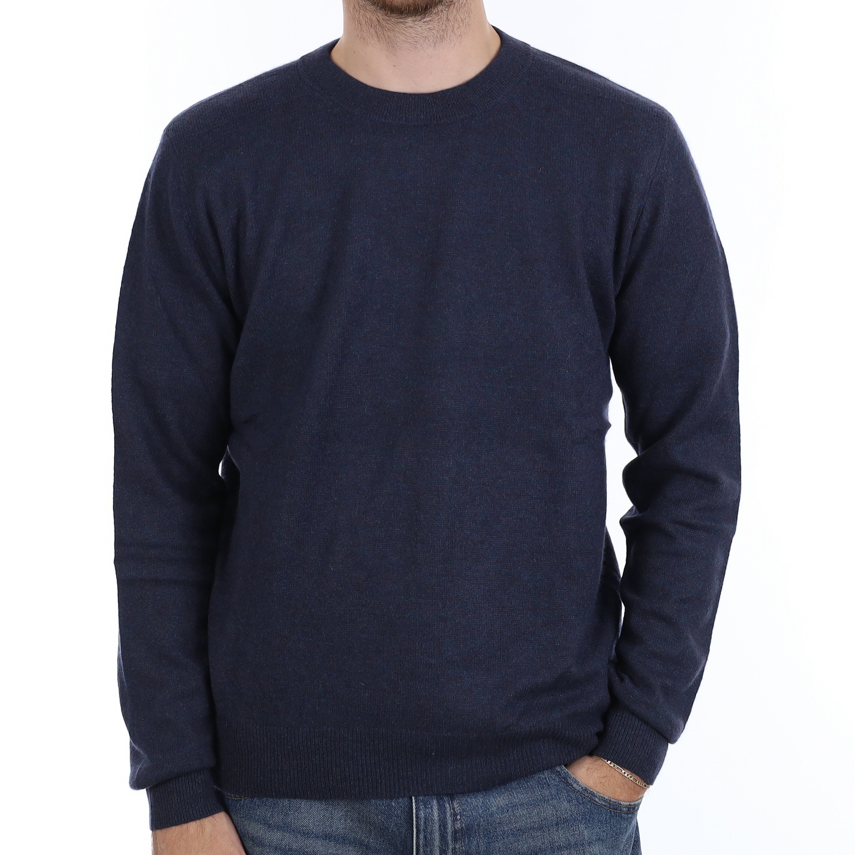 Men's Petrol Blue Marl Cashmere Crew Neck Jumper Large