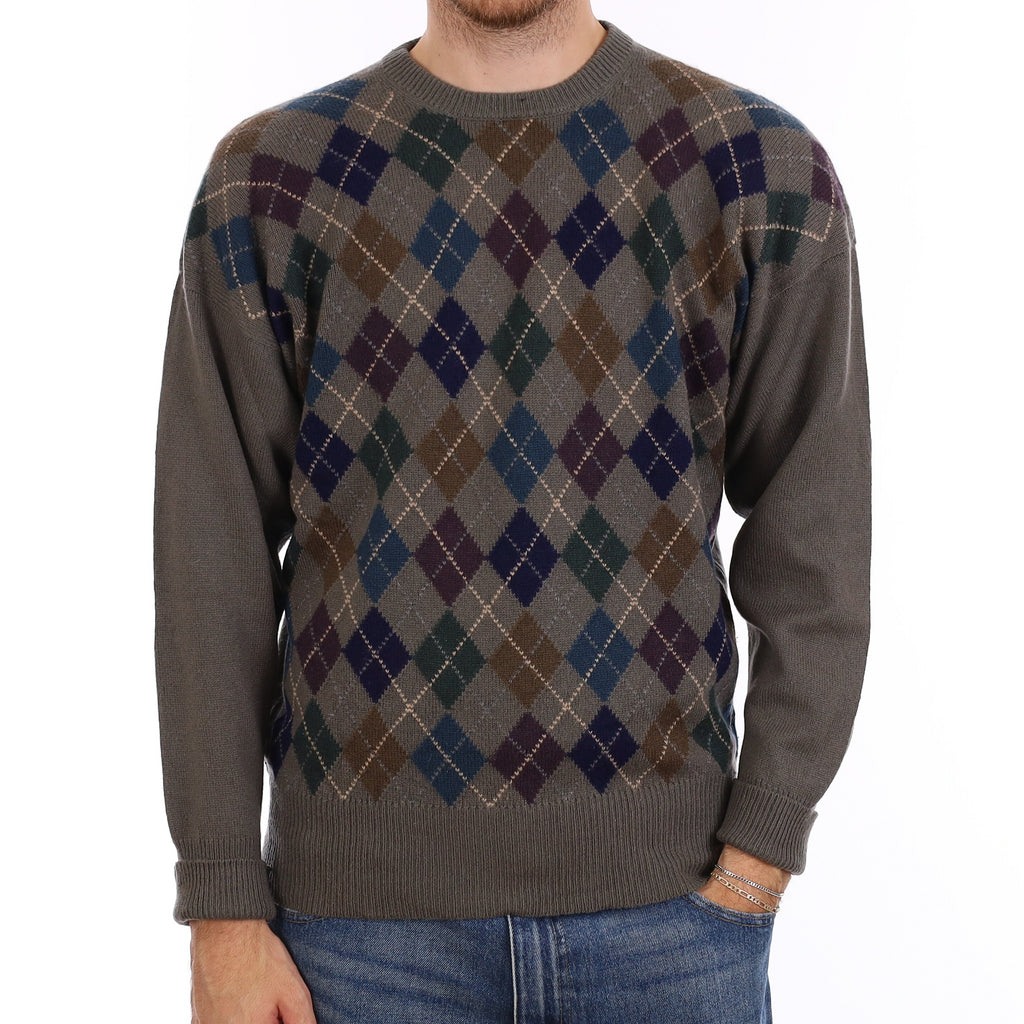 Men's Vintage Grey Multicolour Diamond Cashmere Crew Neck Jumper Large