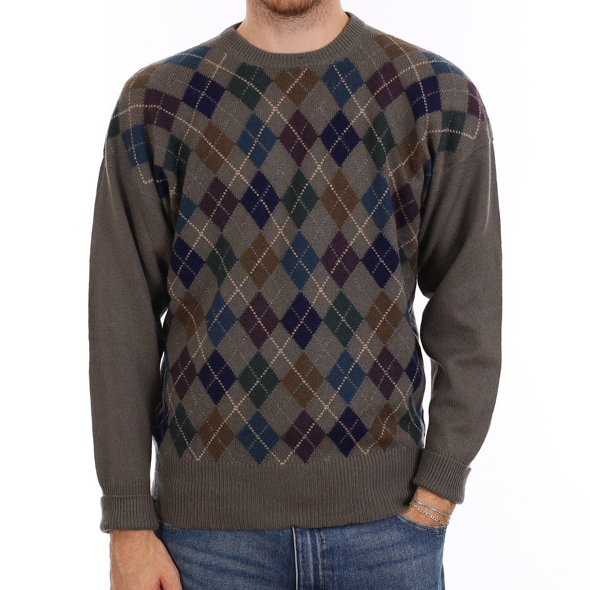 Men's Vintage Grey Multicolour Diamond Cashmere Crew Neck Jumper Large