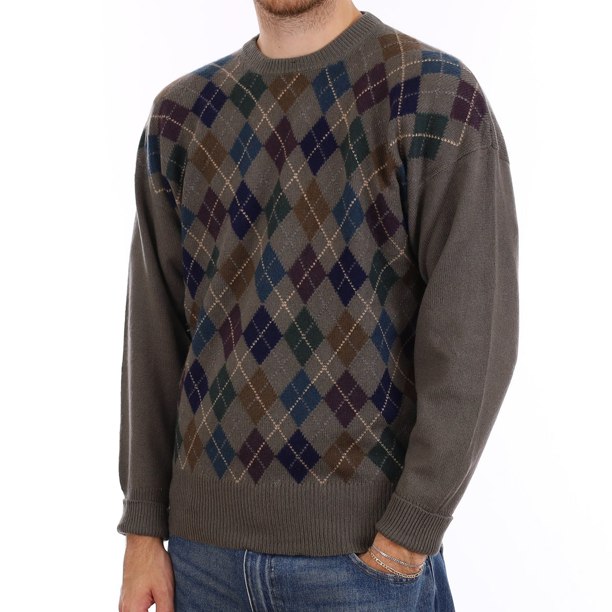Men's Vintage Grey Multicolour Diamond Cashmere Crew Neck Jumper Large