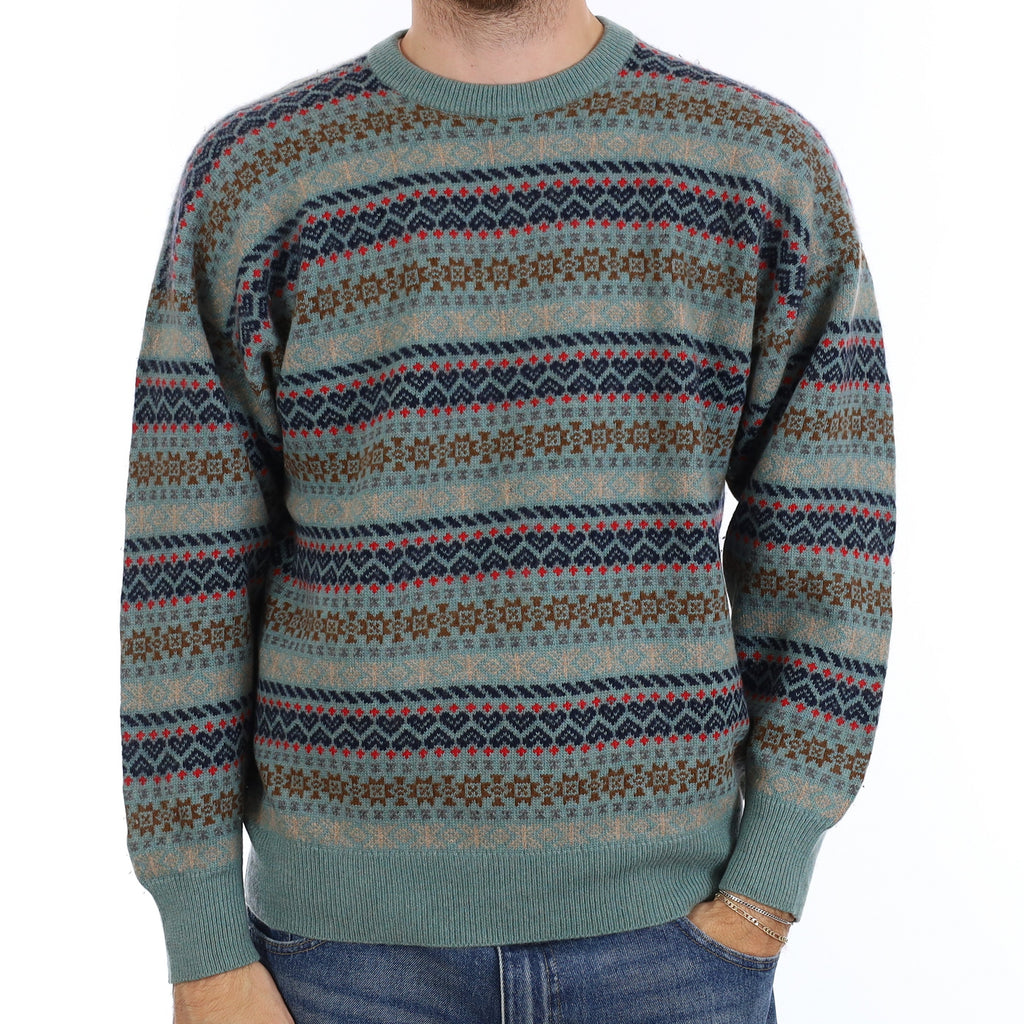 Men's Scottish Fair Isle Chunky Cashmere Crew Neck Jumper Large