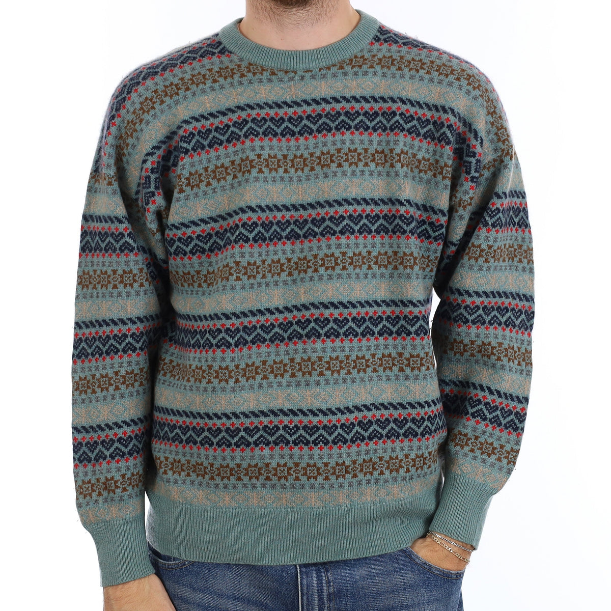 Men's Scottish Fair Isle Chunky Cashmere Crew Neck Jumper Large