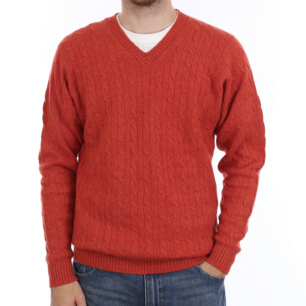 Men's Scottish Burnt Orange Cable Cashmere V Neck Jumper Large