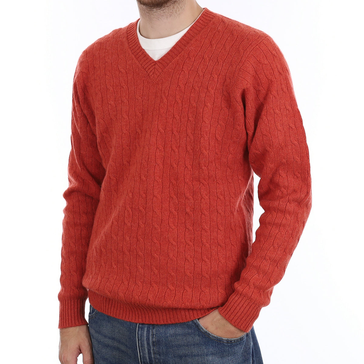 Men's Scottish Burnt Orange Cable Cashmere V Neck Jumper Large