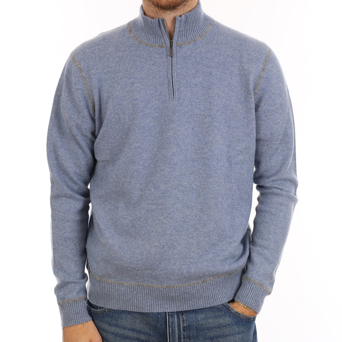 Men's Denim Blue Cashmere 1/4 Zip Jumper Large