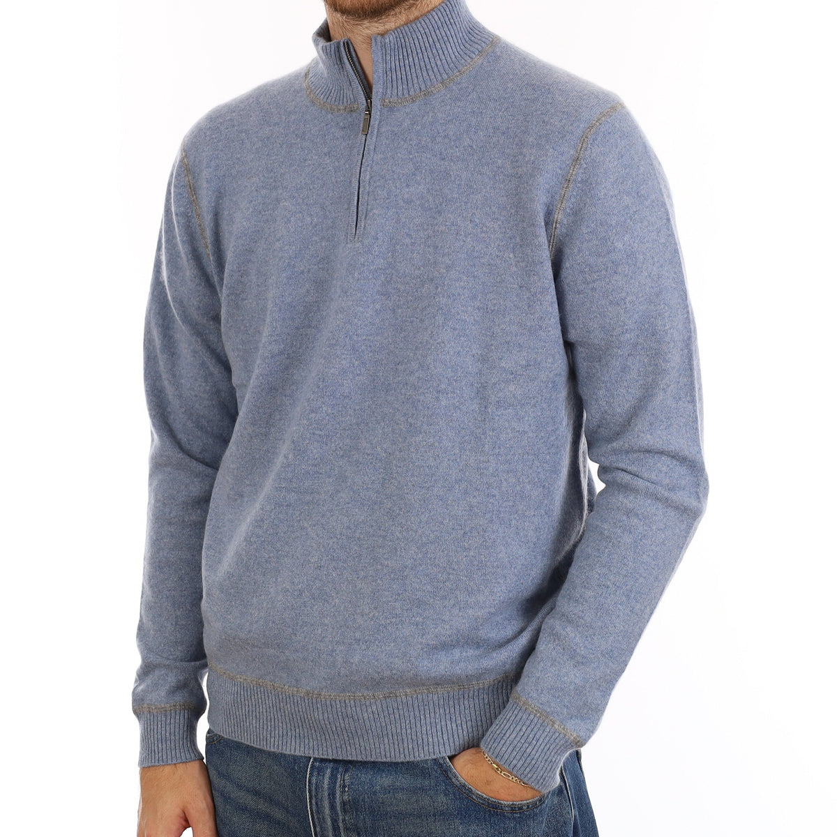 Men's Denim Blue Cashmere 1/4 Zip Jumper Large