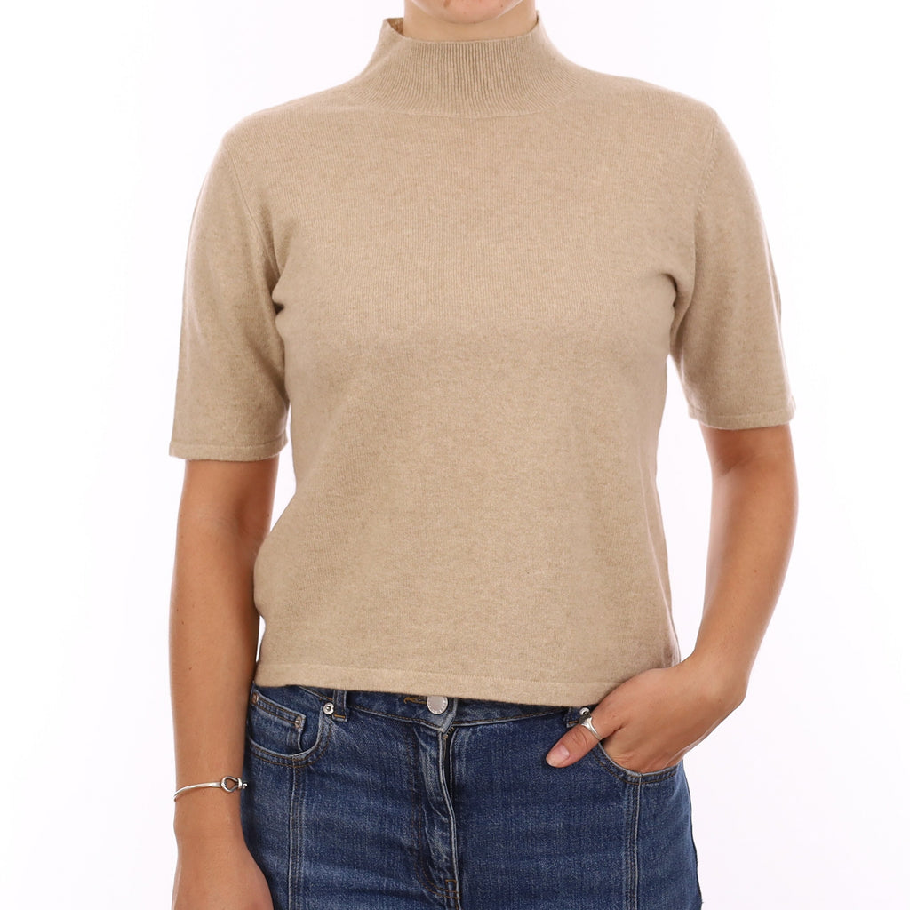 Sand Beige Cashmere Turtle Neck Short Sleeve Jumper Medium