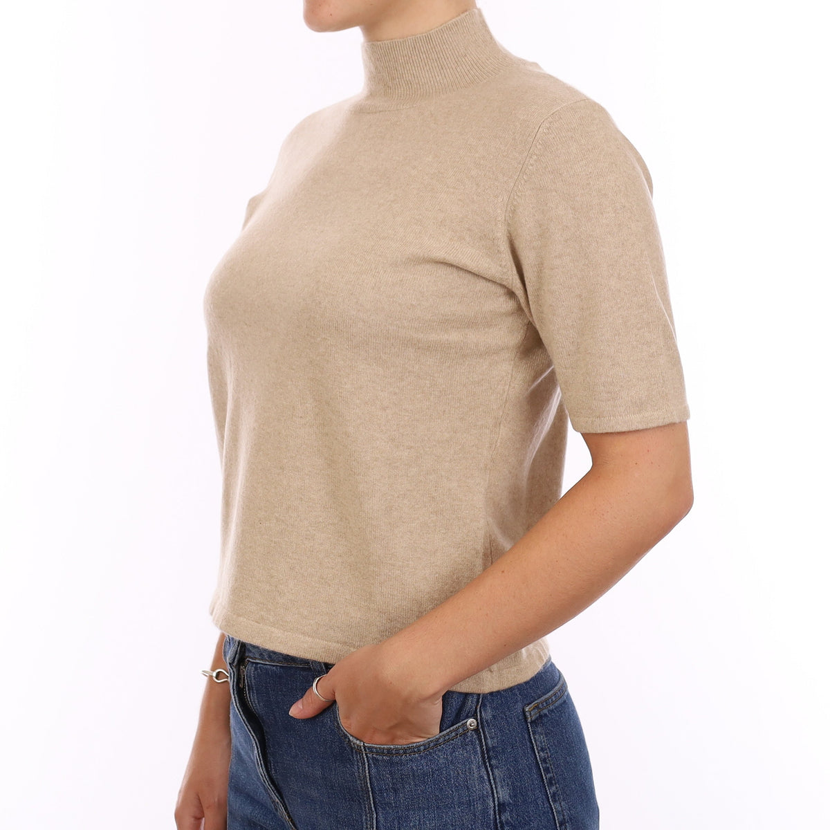 Sand Beige Cashmere Turtle Neck Short Sleeve Jumper Medium