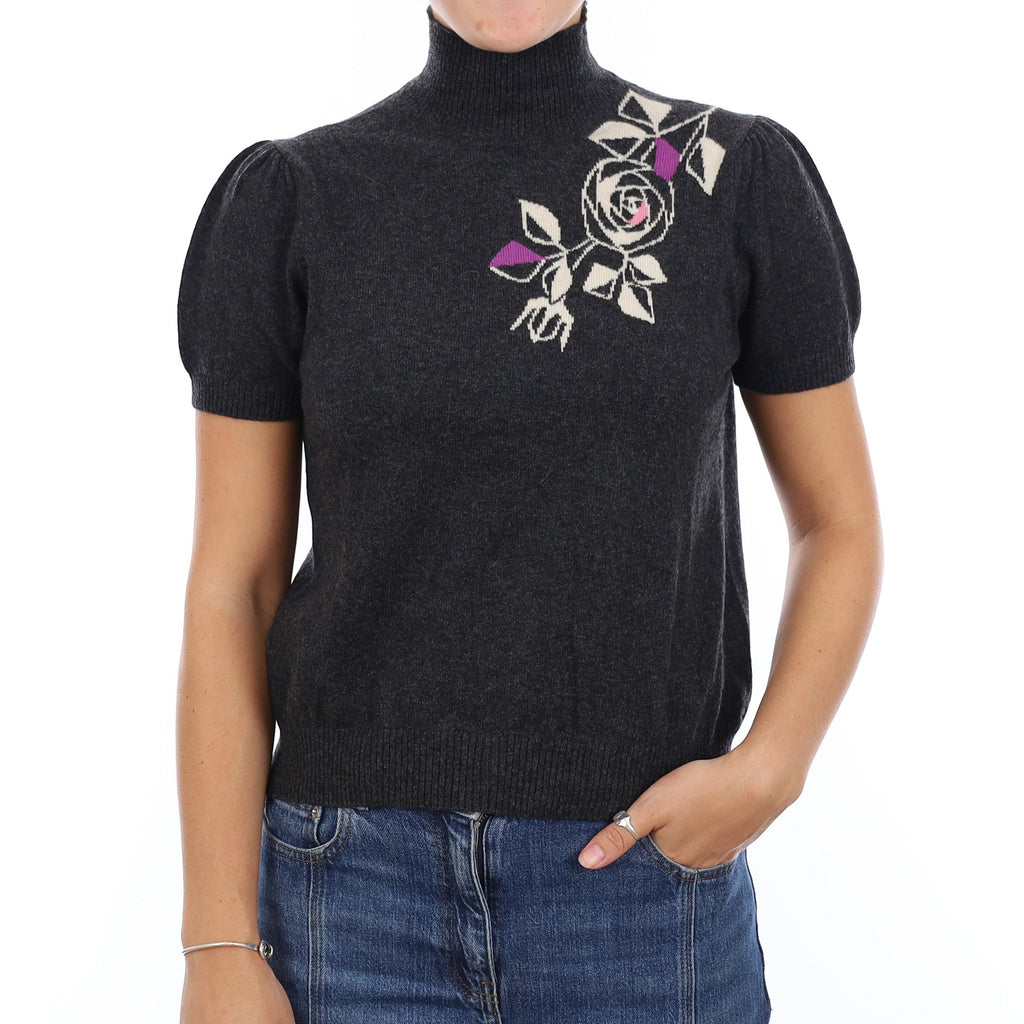 Ash Grey Floral Design Cashmere Turtle Neck Short Sleeve Jumper Medium