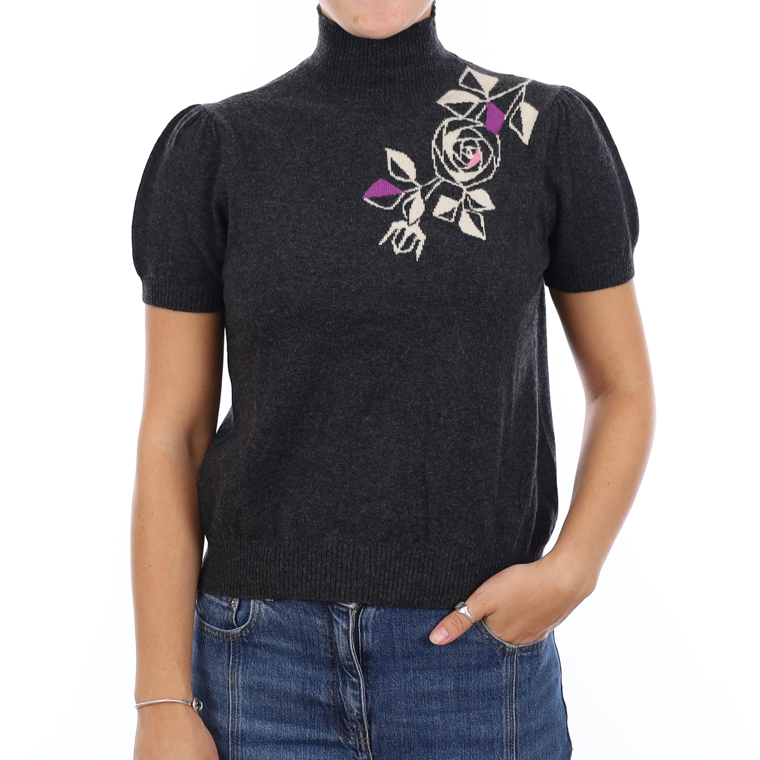Ash Grey Floral Design Cashmere Turtle Neck Short Sleeve Jumper Medium
