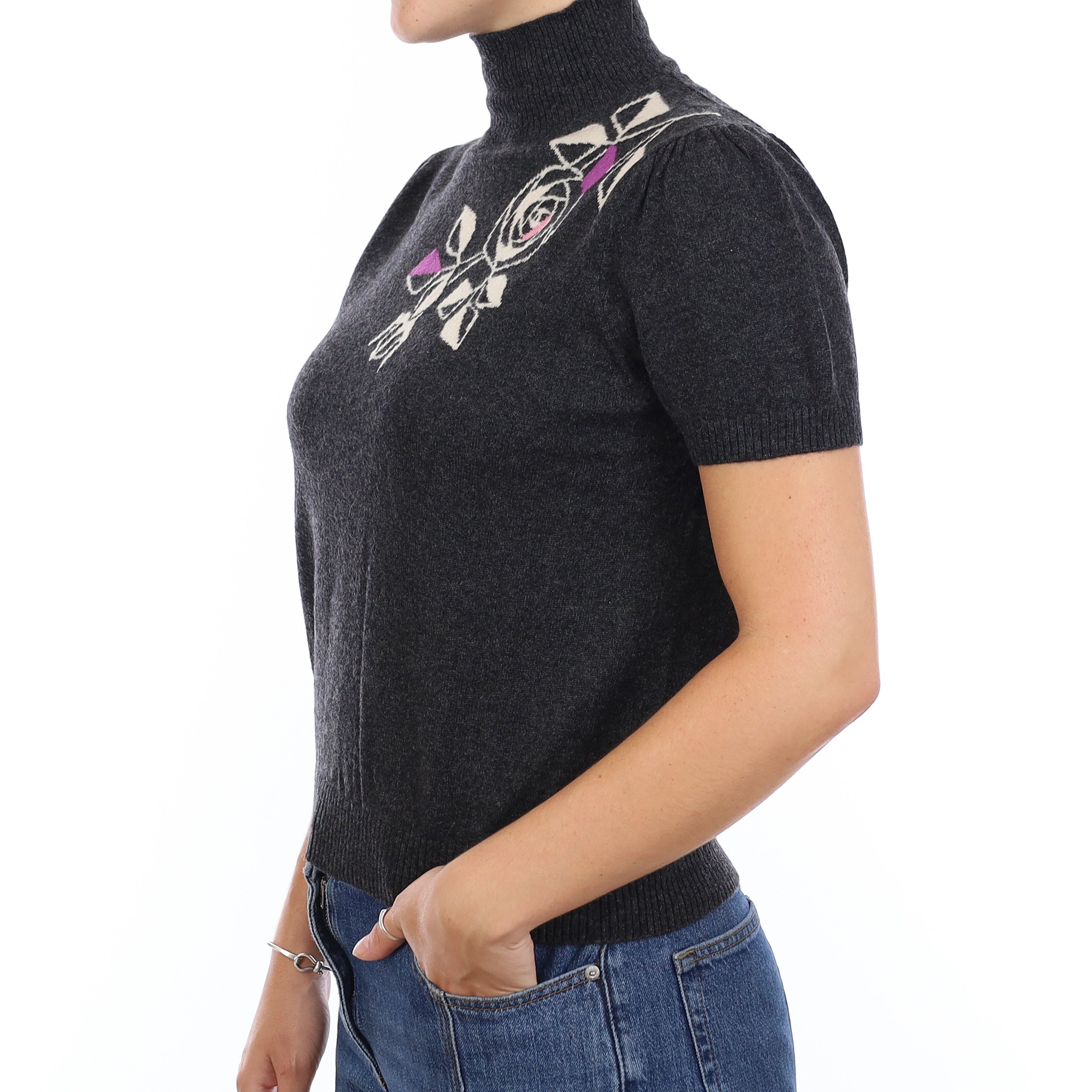 Ash Grey Floral Design Cashmere Turtle Neck Short Sleeve Jumper Medium