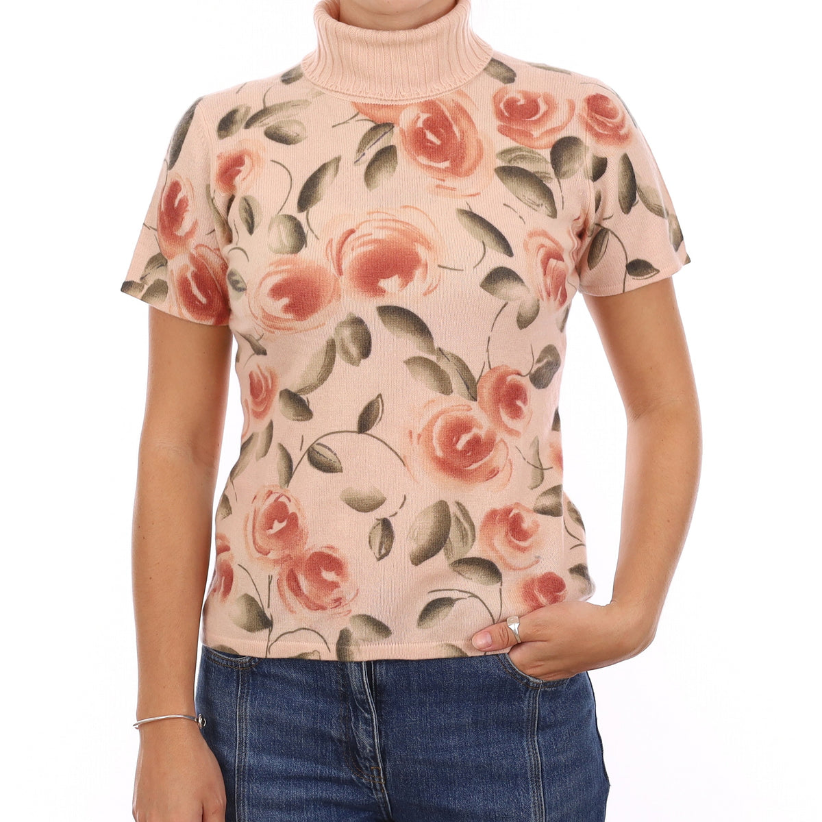 Ice Pink Flora Design Cashmere Polo Neck Short Sleeve Jumper Medium