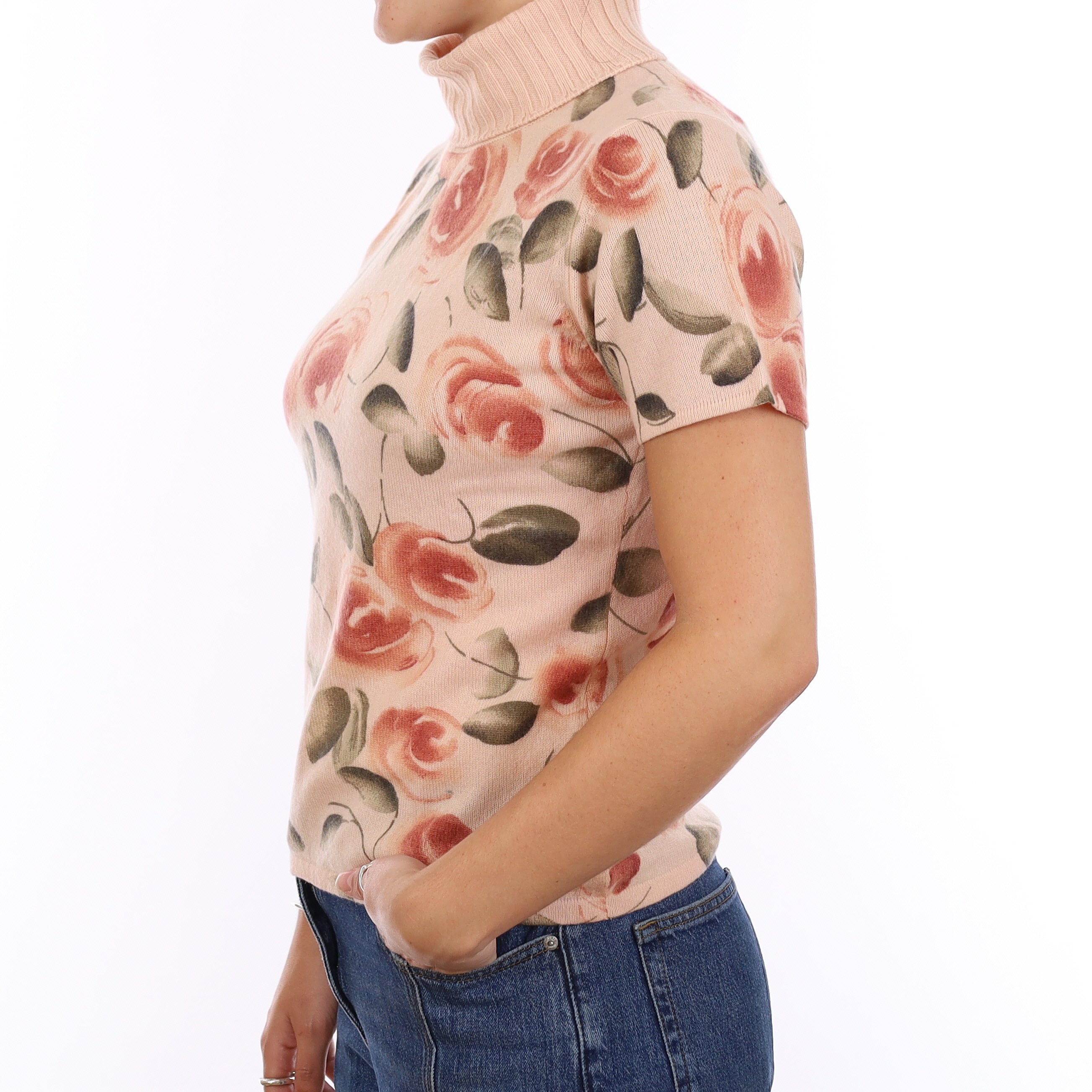 Ice Pink Flora Design Cashmere Polo Neck Short Sleeve Jumper Medium