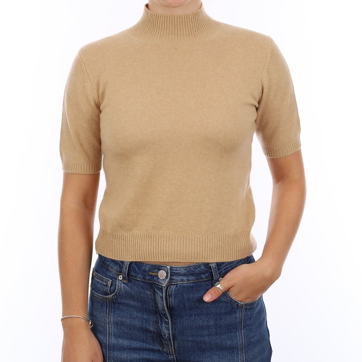 Soft Caramel Cashmere Polo Neck Short Sleeve Jumper Medium