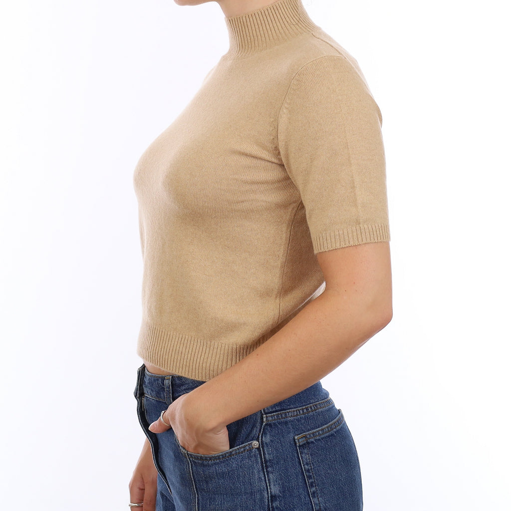 Soft Caramel Cashmere Polo Neck Short Sleeve Jumper Medium