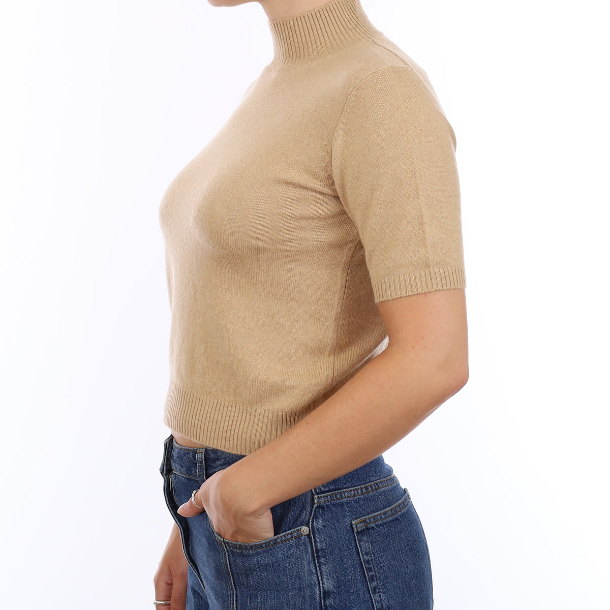 Soft Caramel Cashmere Polo Neck Short Sleeve Jumper Medium