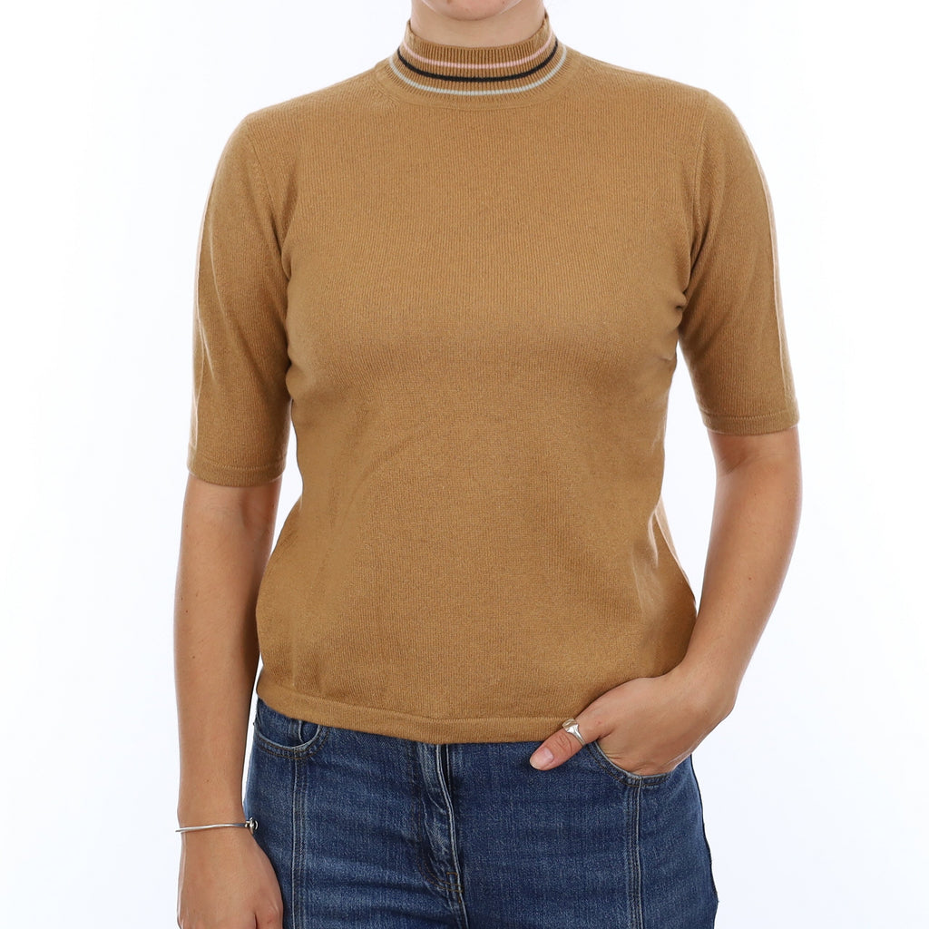 Caramel Brown Cashmere Turtle Neck Short Sleeve Jumper Medium