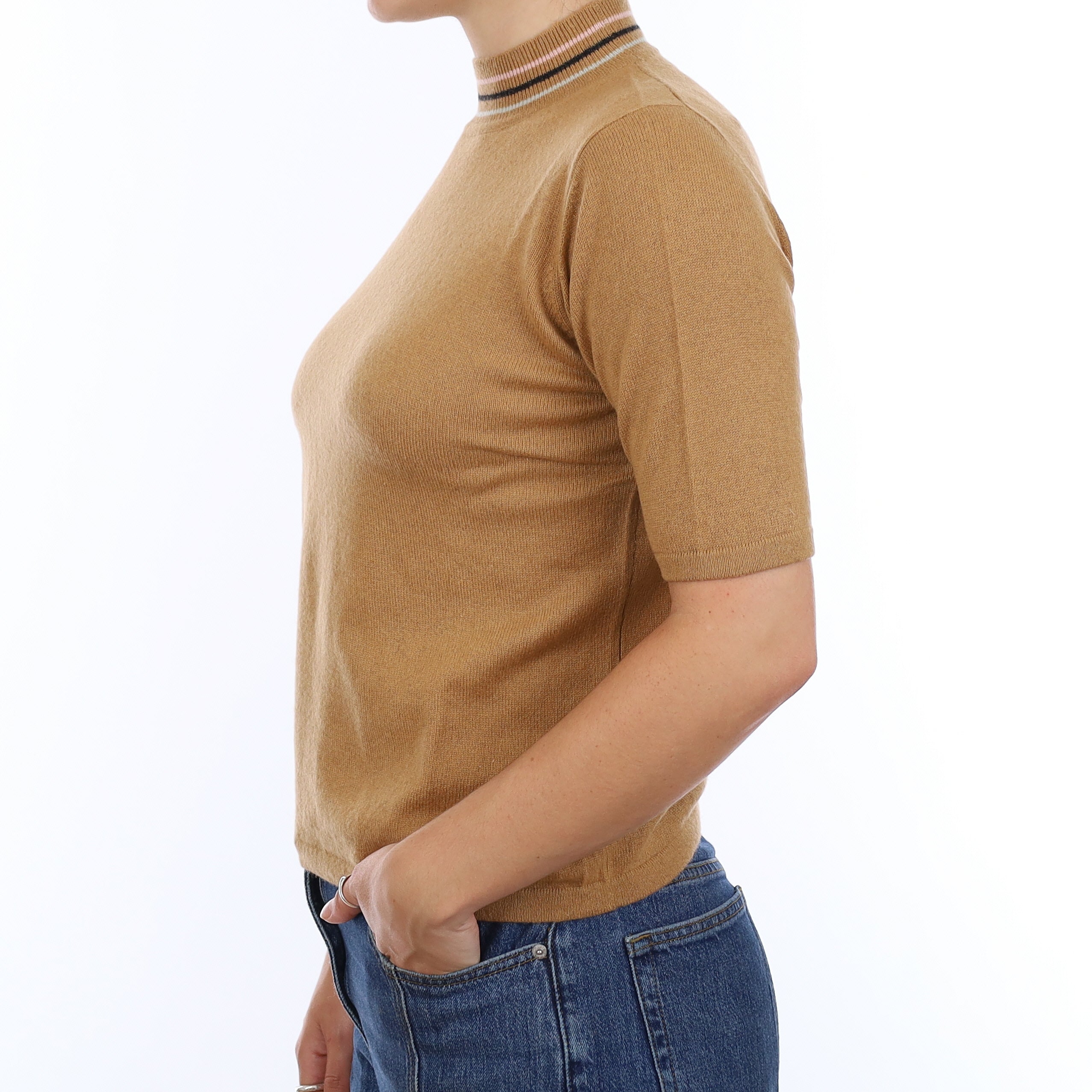 Caramel Brown Cashmere Turtle Neck Short Sleeve Jumper Medium