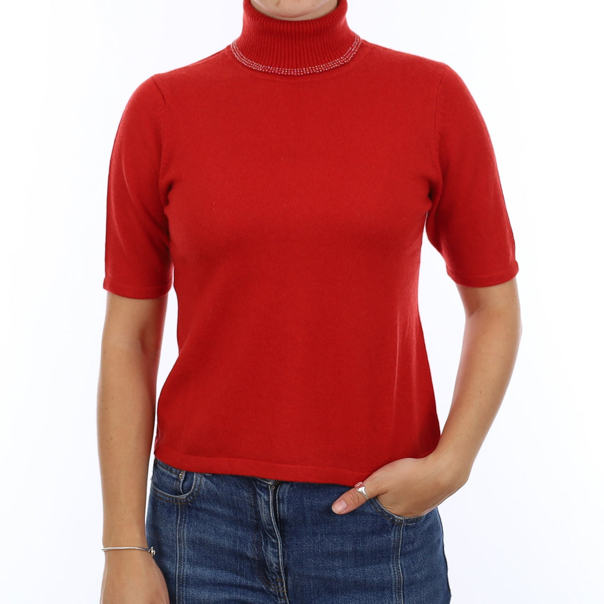 Scarlett Red Cashmere Polo Neck Short Sleeve Jumper Medium