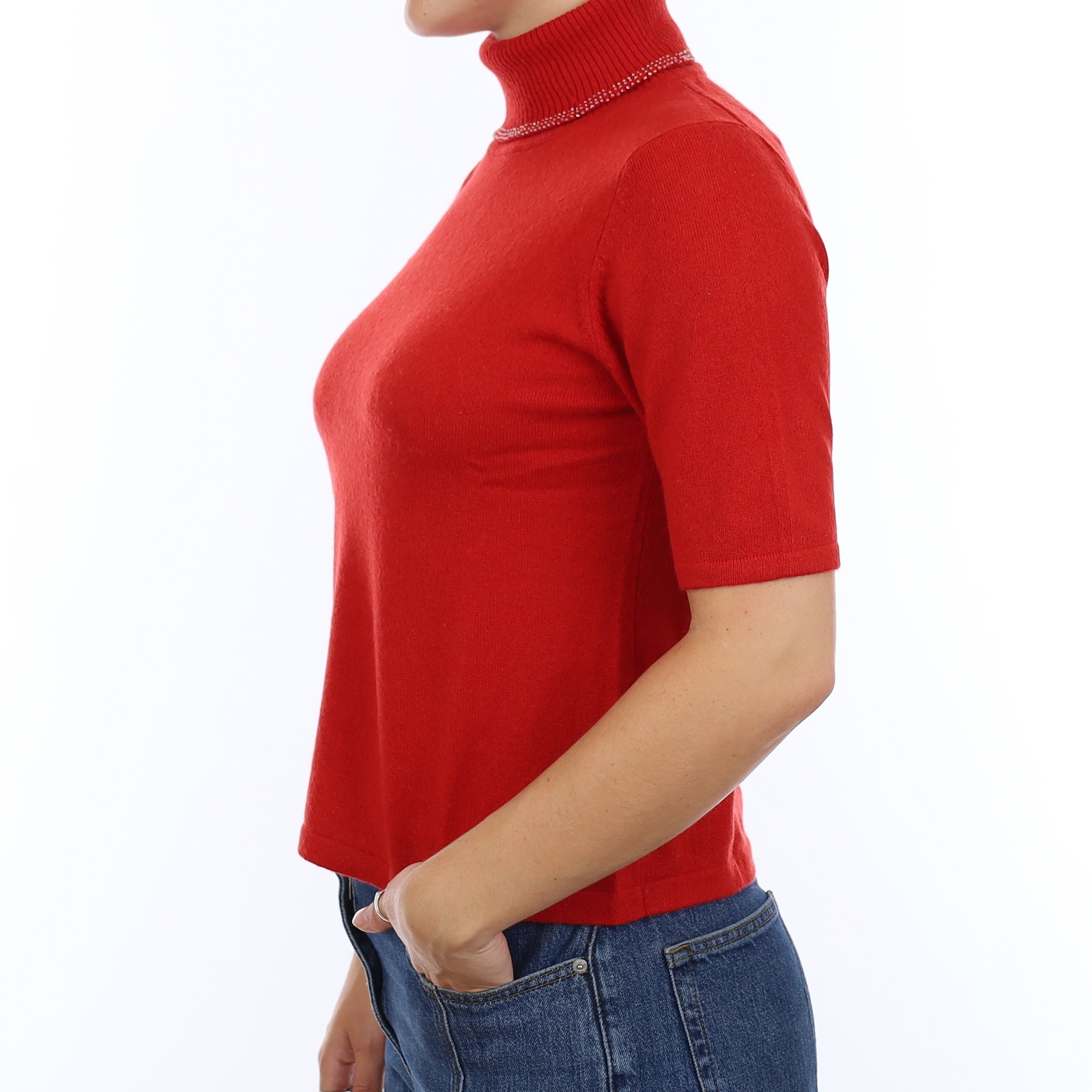 Scarlett Red Cashmere Polo Neck Short Sleeve Jumper Medium