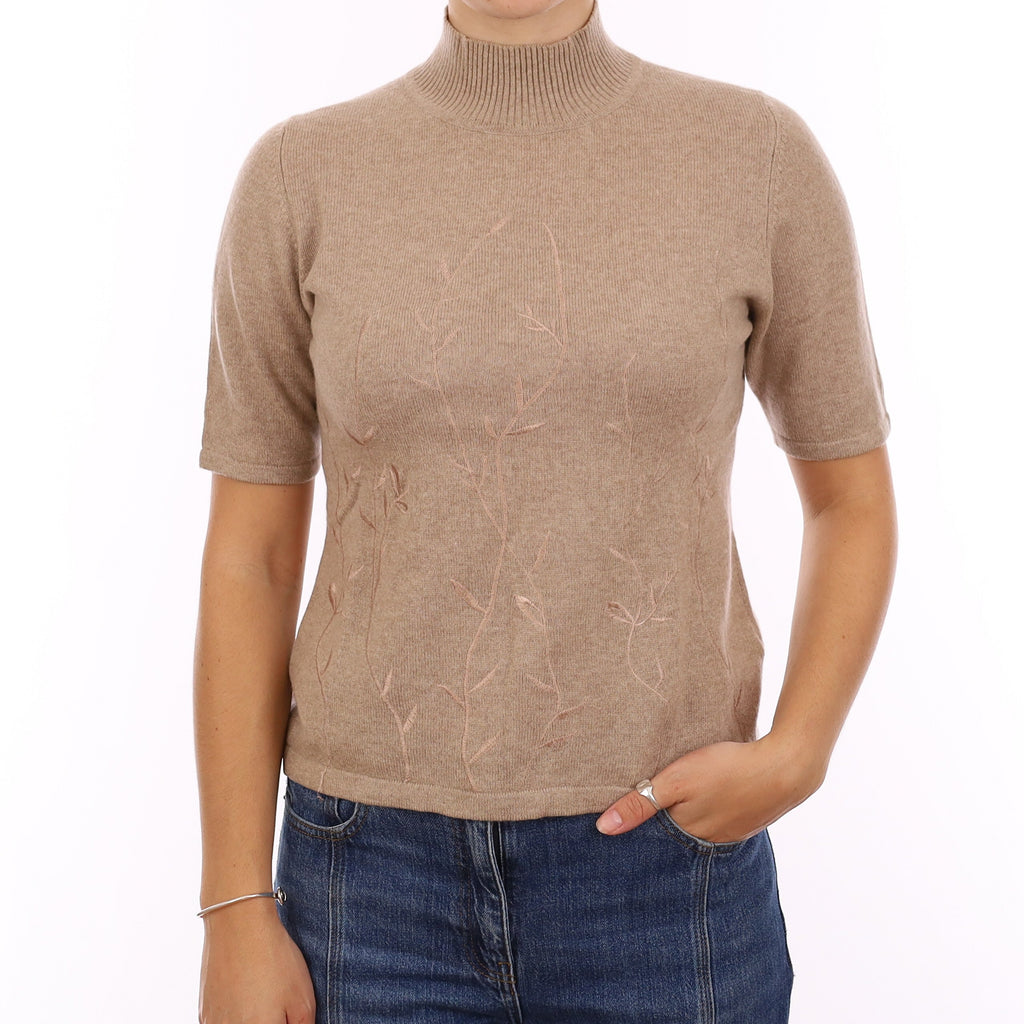 Sand Beige Floral Cashmere Turtle Neck Short Sleeve Jumper Medium