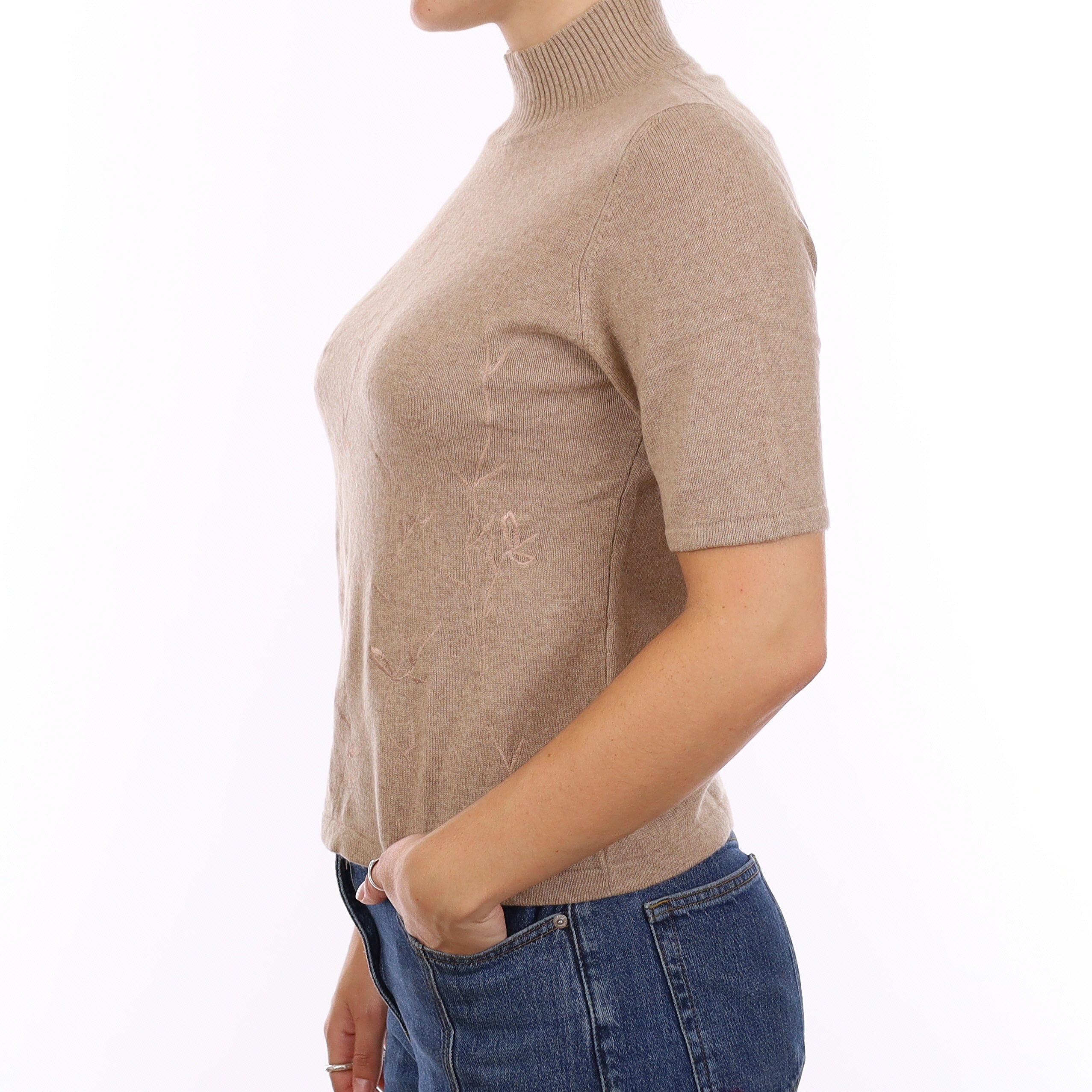 Sand Beige Floral Cashmere Turtle Neck Short Sleeve Jumper Medium