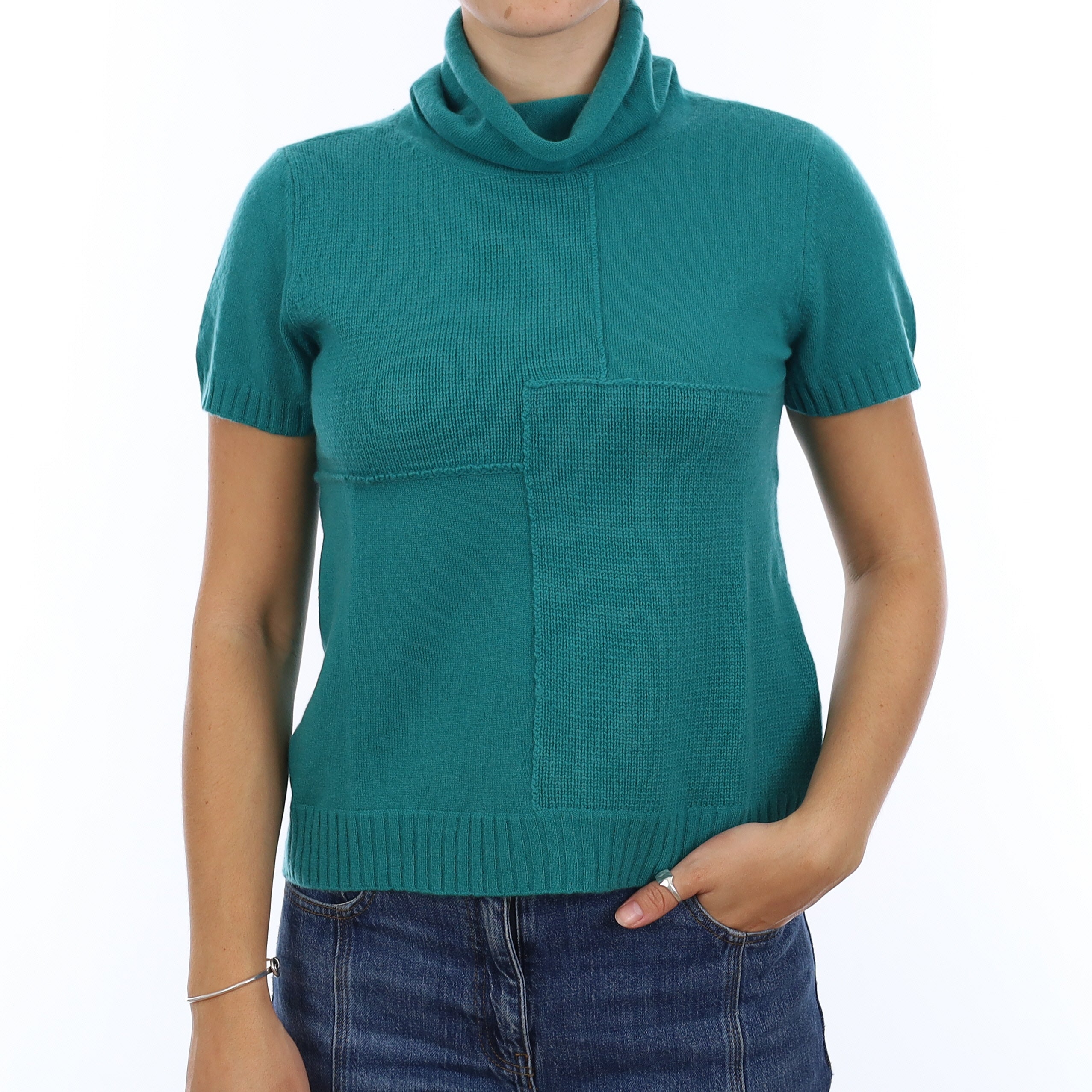 Sea Green Cashmere Polo Neck Short Sleeve Jumper Medium
