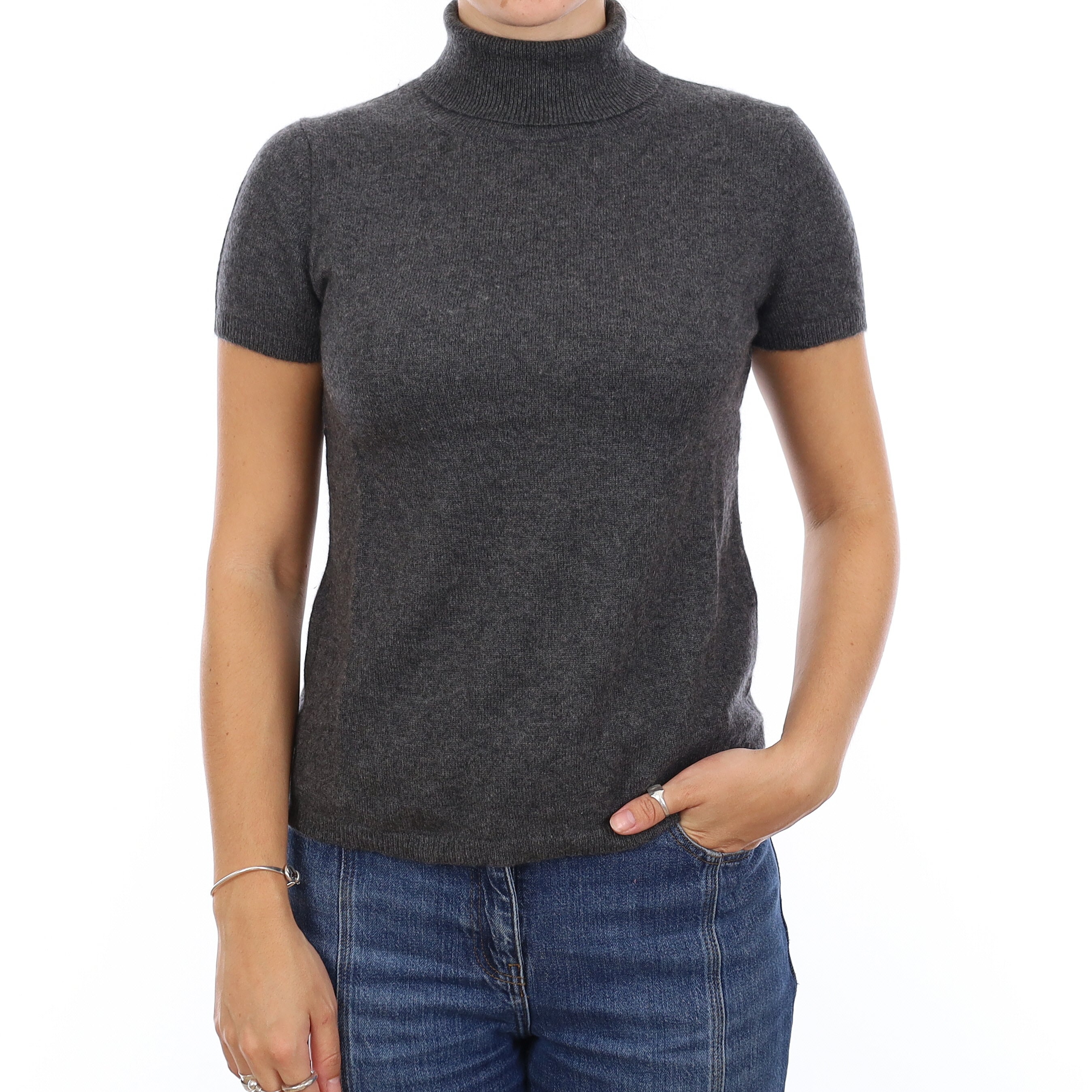 Charcoal Grey Cashmere Polo Neck Short Sleeve Jumper Medium
