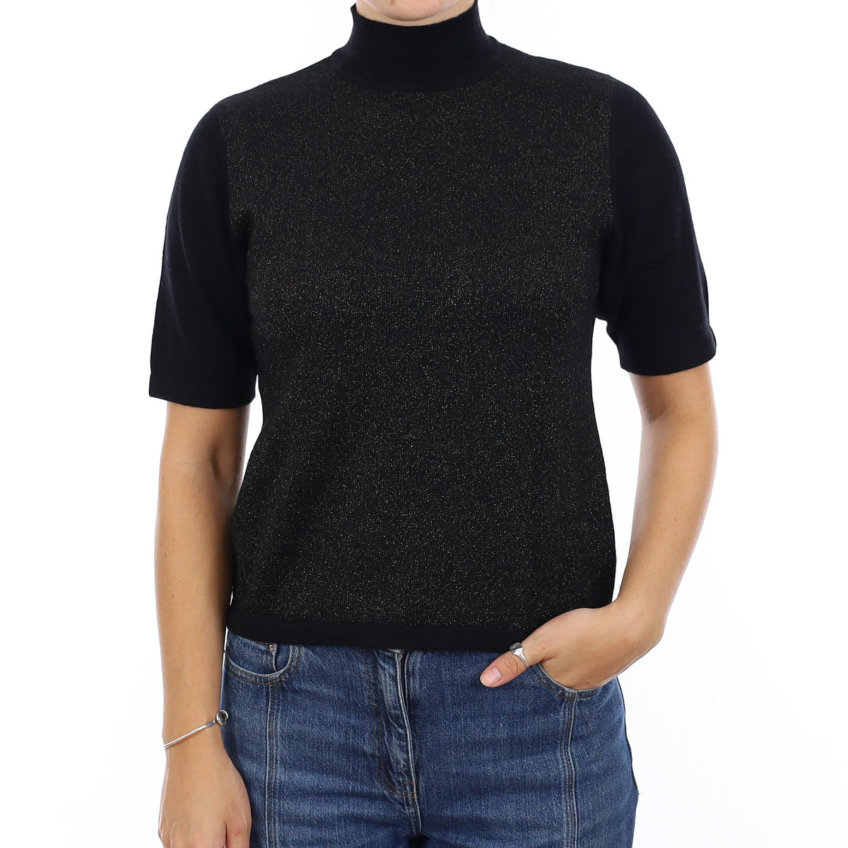 Black & Gold Cashmere Turtle Neck Short Sleeve Jumper Medium