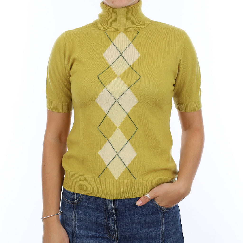 Ochre Yellow Cashmere Polo Neck Short Sleeve Jumper Medium