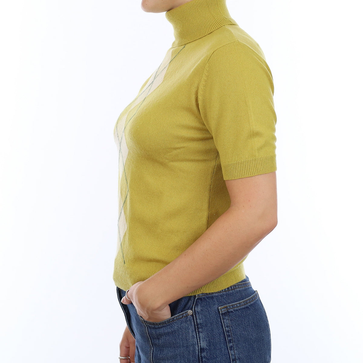 Ochre Yellow Cashmere Polo Neck Short Sleeve Jumper Medium