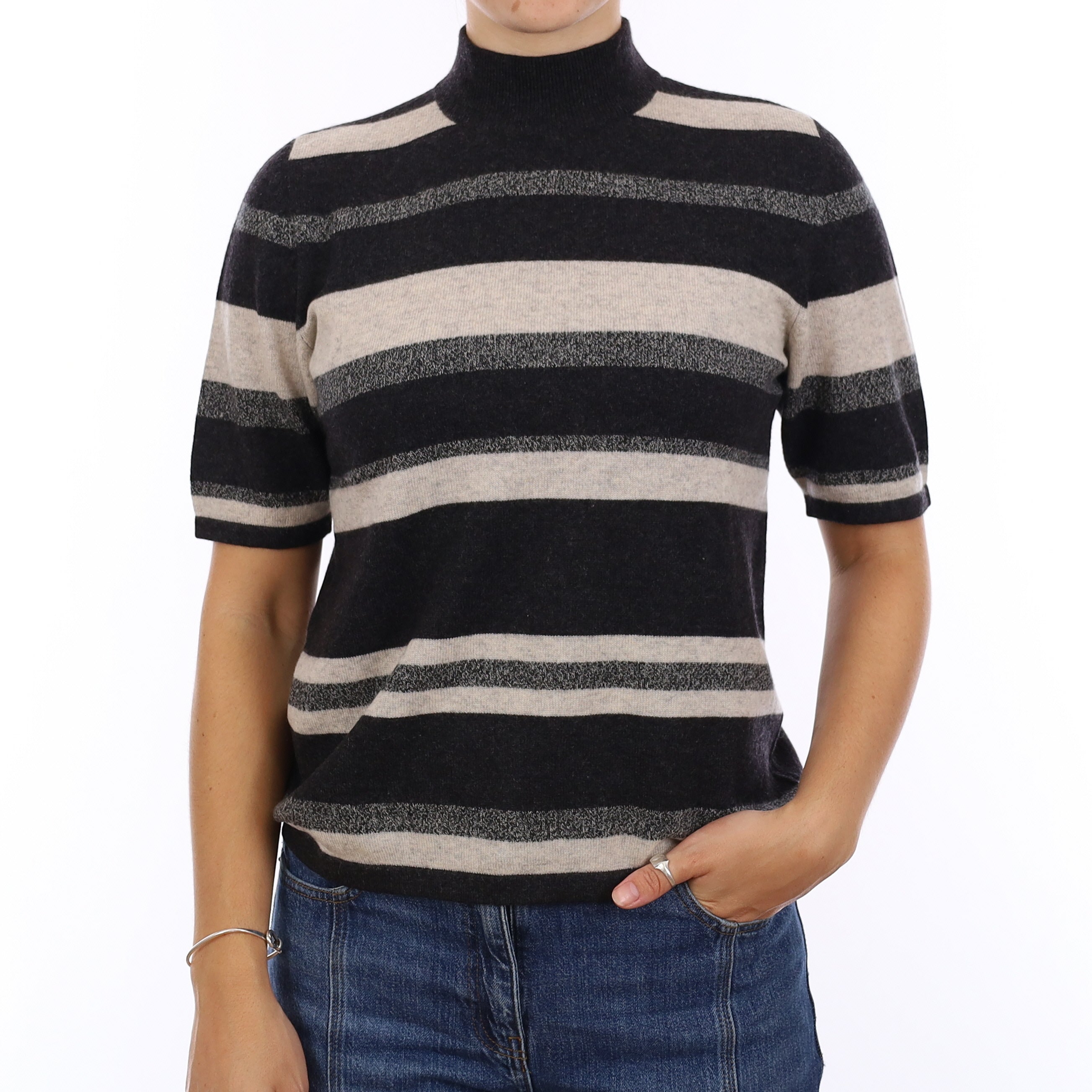 Charcoal & Mist Grey Patterned Cashmere Turtle Neck Short Sleeve Jumper Medium