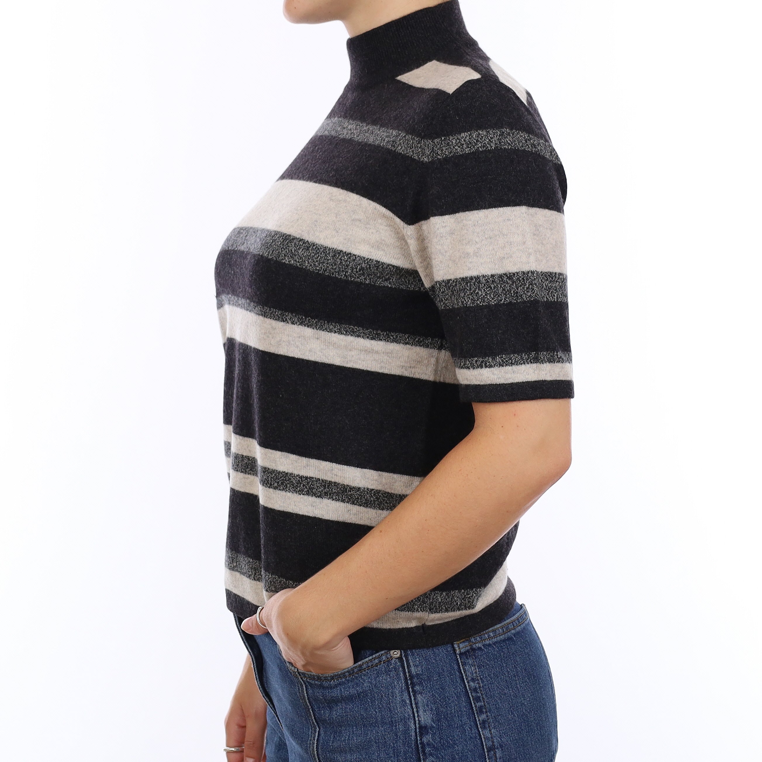 Charcoal & Mist Grey Patterned Cashmere Turtle Neck Short Sleeve Jumper Medium
