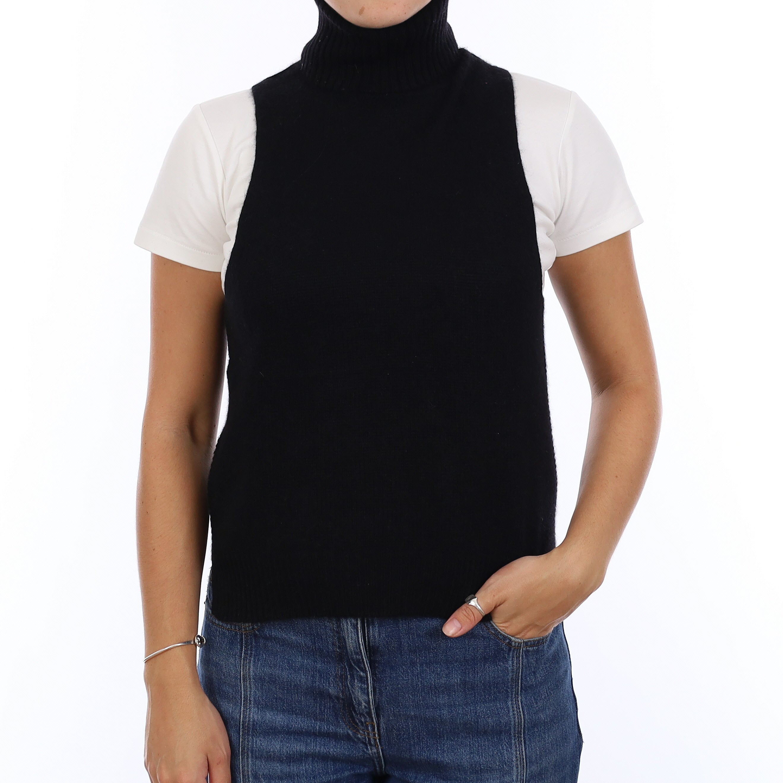 Black Cashmere Polo Neck Tank Top Medium