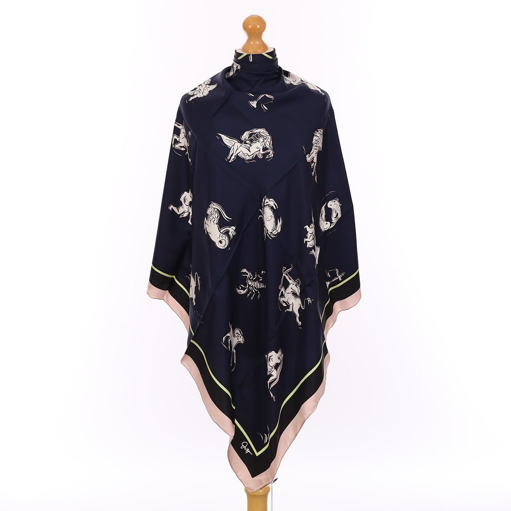 Brand New Boxed Olivia Von Halle Navy Blue Zodiac Silk Scarf