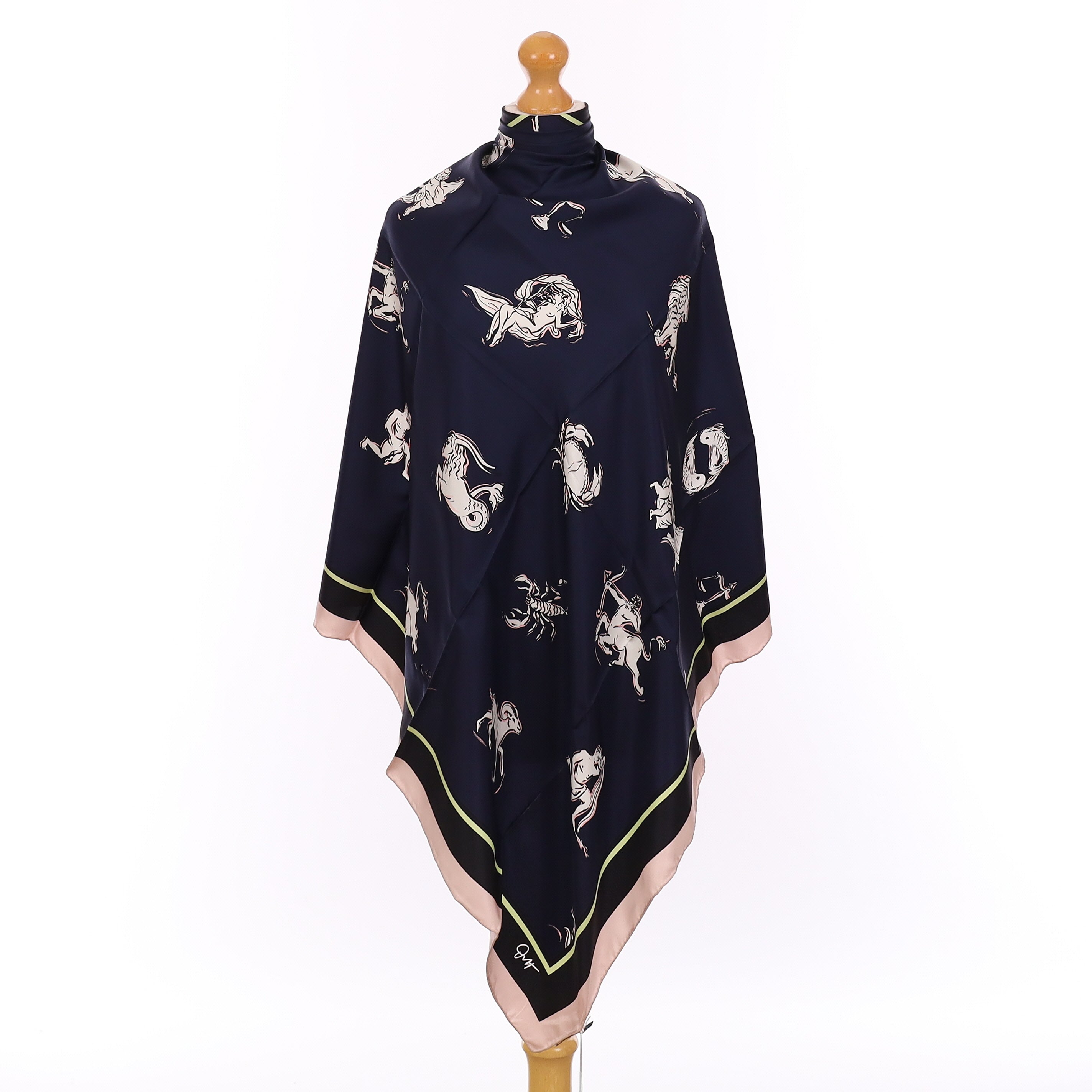Brand New Boxed Olivia Von Halle Navy Blue Zodiac Silk Scarf