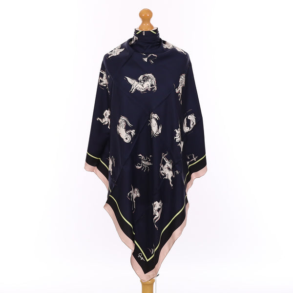 Brand New Boxed Olivia Von Halle Navy Blue Zodiac Silk Scarf
