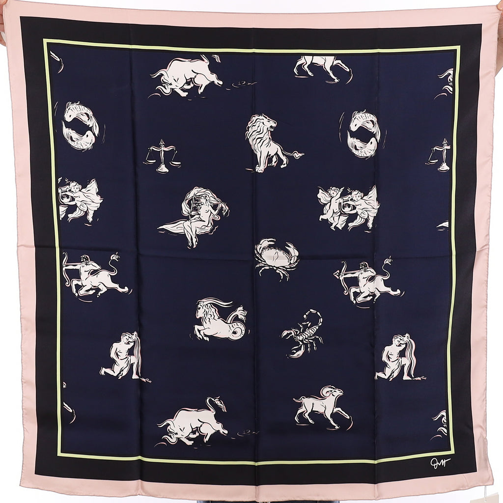 Brand New Boxed Olivia Von Halle Navy Blue Zodiac Silk Scarf