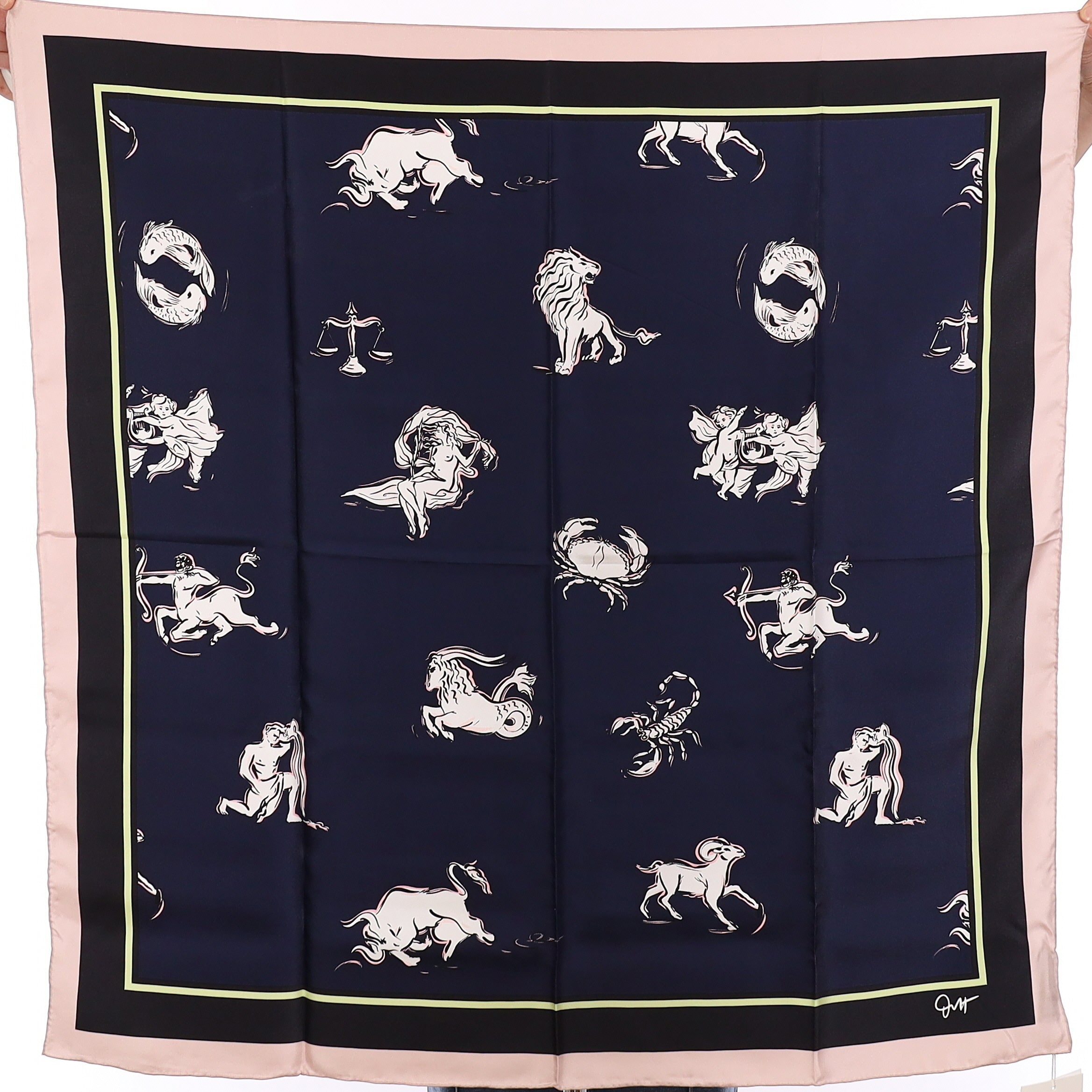 Brand New Boxed Olivia Von Halle Navy Blue Zodiac Silk Scarf