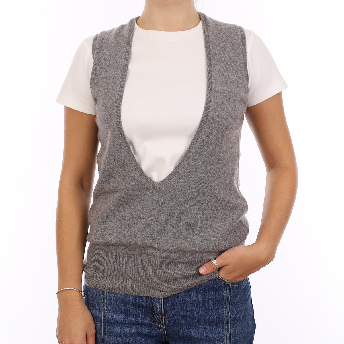 Smoke Grey Cashmere Deep V Neck Tank Top Medium